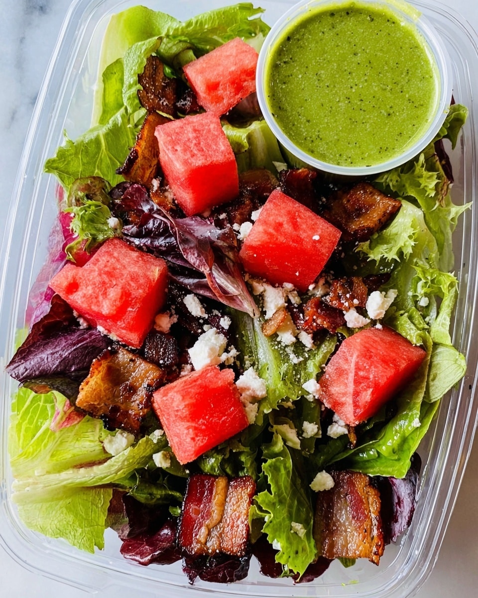 The image shows a clear plastic container filled with a fresh salad made of mixed green and purple lettuce leaves. Scattered across the salad are several bright red cubes of watermelon and crispy brown bacon pieces. Crumbled white cheese is sprinkled over the top, adding texture and contrast. In the top right corner inside the container, there is a small white cup filled with a thick green salad dressing. The overall look is colorful and fresh, with a mix of soft, leafy textures and firm, juicy watermelon pieces, set against a white marbled surface photo taken with an iphone --ar 4:5 --v 7