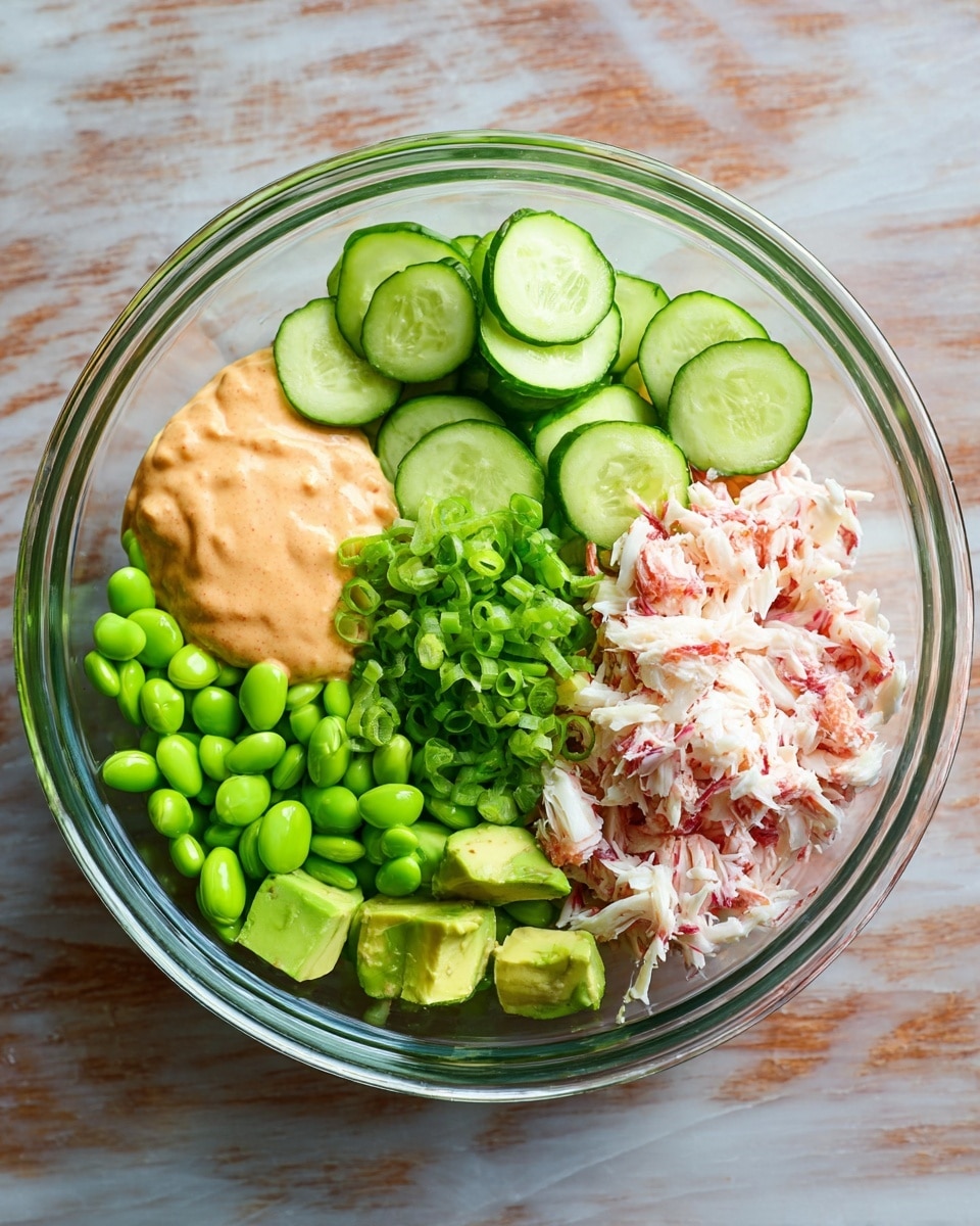A clear glass bowl holds a colorful salad arranged in five main sections on a white marbled surface. Starting from the left, there are bright green edamame beans forming one layer, next to a pile of creamy light orange sauce with a smooth texture. Above the sauce, several cucumber slices are placed in a neat row, showing their fresh green skin and pale inside. In the middle, chunks of light green avocado sit next to a small mound of bright green chopped spring onions. On the right side, shredded white and pink crab meat forms a textured pile. The ingredients contrast well with each other, creating a fresh and vibrant look. photo taken with an iphone --ar 4:5 --v 7