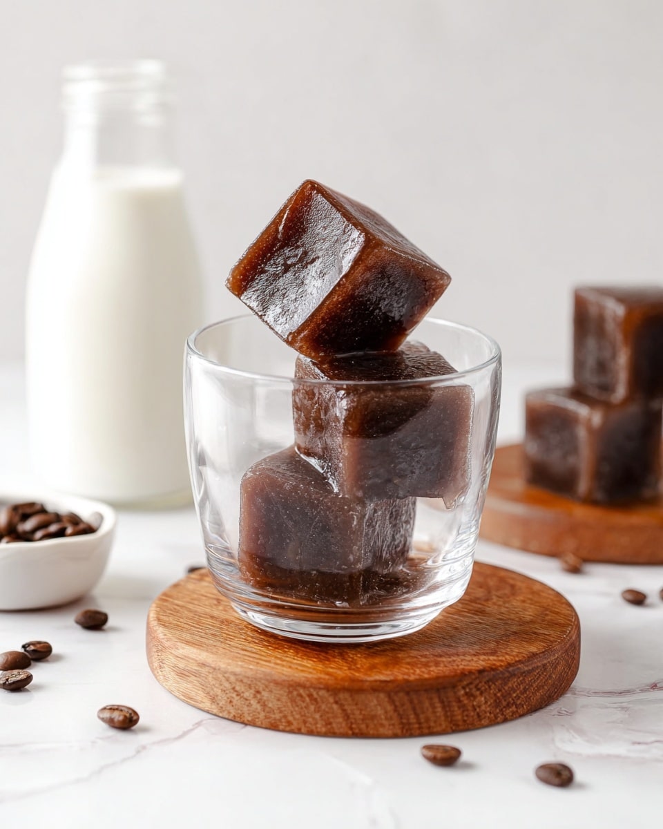 A clear glass filled with four dark brown coffee ice cubes stacked inside, the cubes showing a slightly glossy texture and some rough edges. The glass sits on a round wooden coaster on a white marbled surface. Around the glass, there are a few scattered coffee beans, with another glass filled with coffee ice cubes blurred in the background on the right. To the left, there is a clear glass bottle filled with white milk, slightly out of focus, with a small white bowl holding a few coffee beans nearby. The whole scene is softly lit and simple, focusing on the coffee ice cubes. photo taken with an iphone --ar 4:5 --v 7