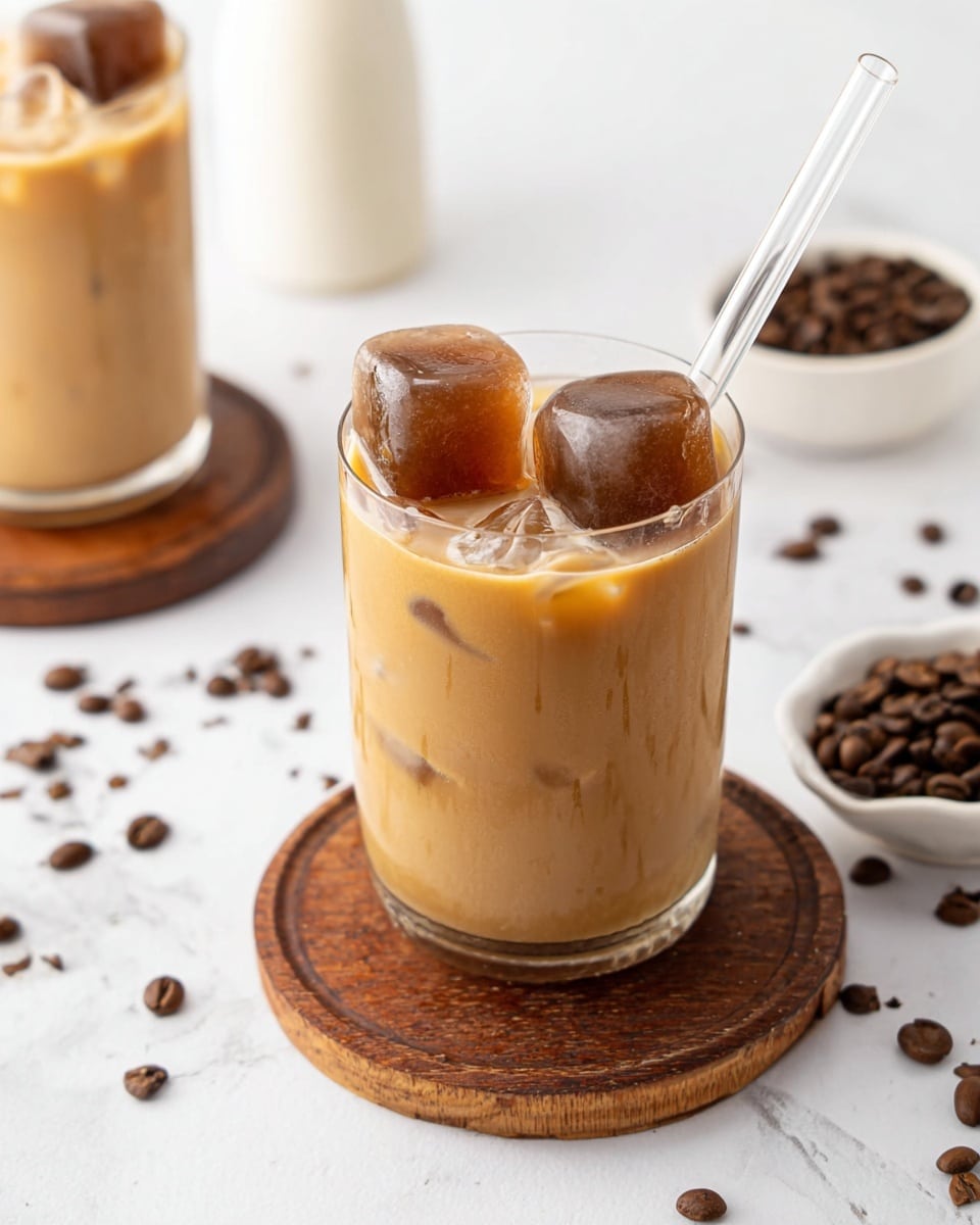 A clear glass filled with light brown iced coffee topped with two large dark brown ice cubes floats near the top, with a clear glass straw inserted on the right. The glass sits on a round wooden coaster on a white marbled surface. Around it, there are scattered dark brown coffee beans and small white dishes filled with coffee beans. A white bottle is partially visible on the left. Another similar glass of iced coffee stands blurred in the background on a wooden coaster. Photo taken with an iphone --ar 4:5 --v 7