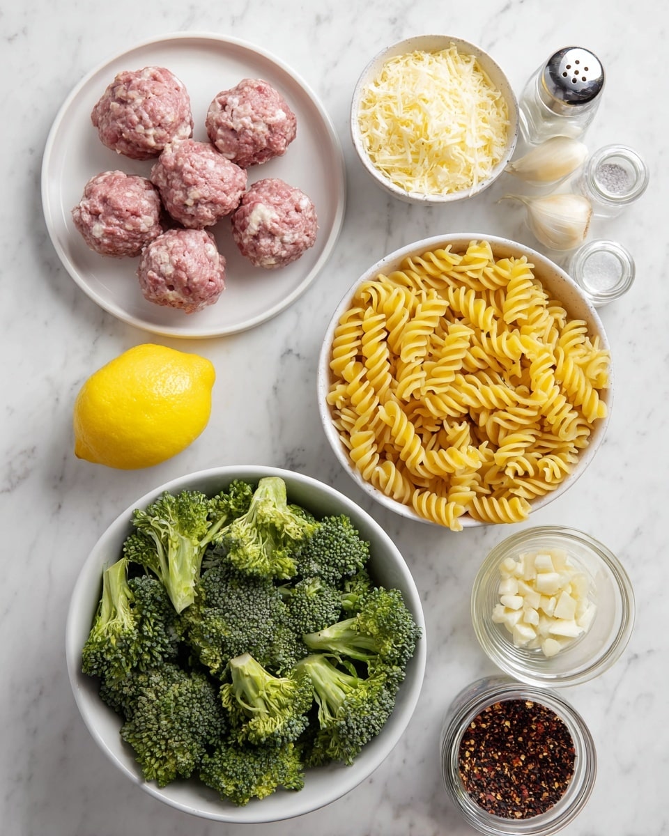 The image shows several ingredients placed on a white marbled surface. There is a white bowl filled with yellow spiral pasta in the center right. Below it, a white bowl holds fresh green broccoli florets with visible stalks. To the left of the broccoli bowl, a whole yellow lemon rests on the surface. Above the lemon, a white plate has several raw pink meatballs with white fat specks. To the top left, a white bowl contains finely grated pale yellow cheese. Above the pasta bowl, there is a clear small container with chopped white garlic. Next to it are two small glass shakers, one for salt and one for black pepper. To the far right, a glass jar with a silver lid holds dark red chili flakes. Photo taken with an iphone --ar 4:5 --v 7