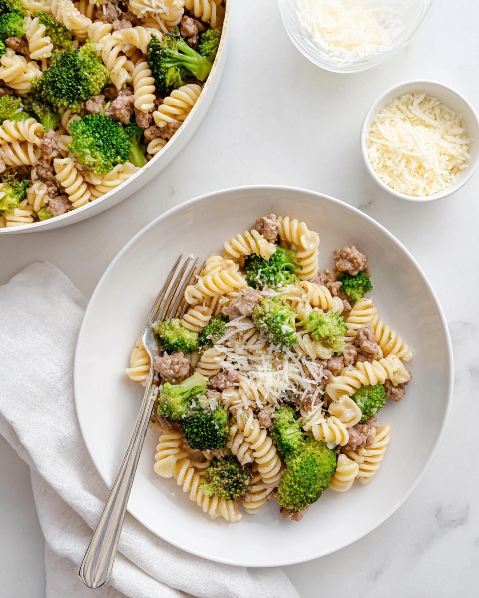 The image shows a white round plate filled with three main layers: the bottom layer is light cream spiral pasta, the middle layer has small pieces of light brown cooked meat scattered evenly, and the top layer has bright green broccoli florets spread throughout. A light sprinkling of grated white cheese is spread across the top. A silver fork is placed on the left side of the plate resting on a white cloth napkin beside it. In the upper left corner, there is a white pan filled with the same pasta, meat, and broccoli mixture, and at the top right, a small white bowl contains grated cheese. The whole scene is set on a white marbled texture surface. photo taken with an iphone --ar 4:5 --v 7