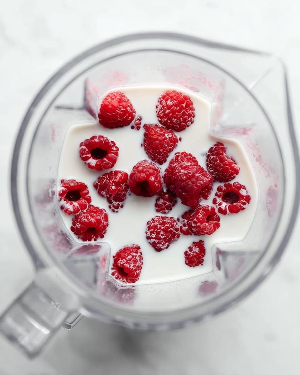 A clear blender container filled with fresh red raspberries at the bottom, surrounded by white milk that almost fills up the container, showing some raspberries floating near the top; the blender is placed on a white marbled surface. photo taken with an iphone --ar 4:5 --v 7