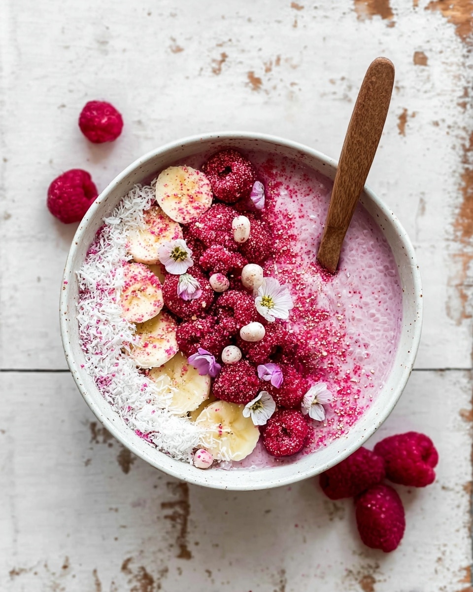 A white bowl filled with a pink chia pudding base, topped with a layer of fresh red raspberries scattered around the center, sliced pale yellow banana pieces sprinkled lightly with pink powder, white shredded coconut spread on one side, and small decorative pink edible flowers and round white crunchy seeds scattered on top. A wooden spoon lies inside the bowl resting on the pudding’s surface. The bowl is placed on a white marbled textured surface with a few raspberries beside it. photo taken with an iphone --ar 4:5 --v 7