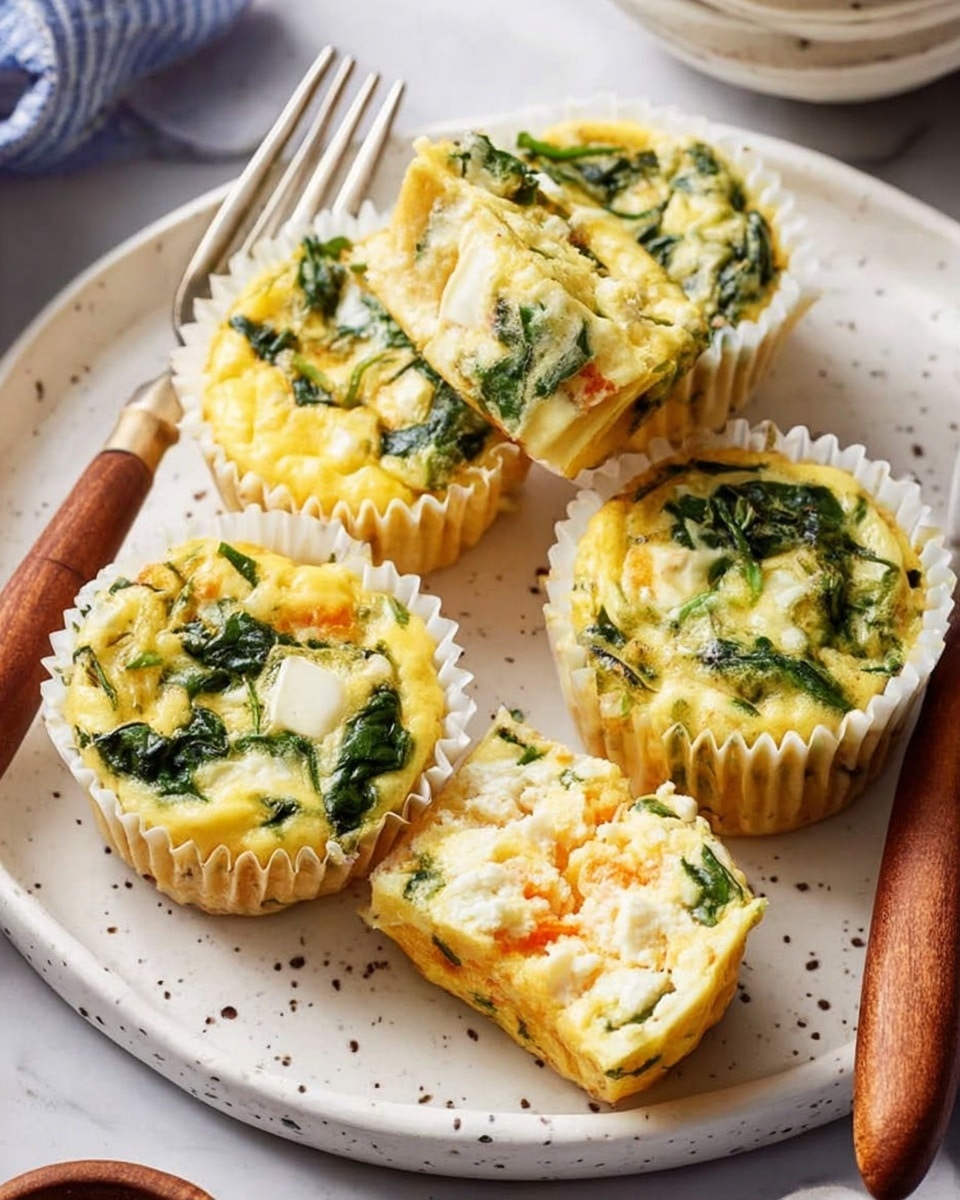 The image shows five small egg muffins on a white plate with tiny dark specks. Four muffins are whole with light yellow tops mixed with green spinach leaves and some melted cheese, while one muffin is cut in half showing soft, fluffy, pale yellow inside with specks of orange and green. Each muffin is in a white fluted paper cup. The plate rests on a white marbled surface, with a wooden-handled fork and a small bowl partly visible nearby. Photo taken with an iphone --ar 4:5 --v 7