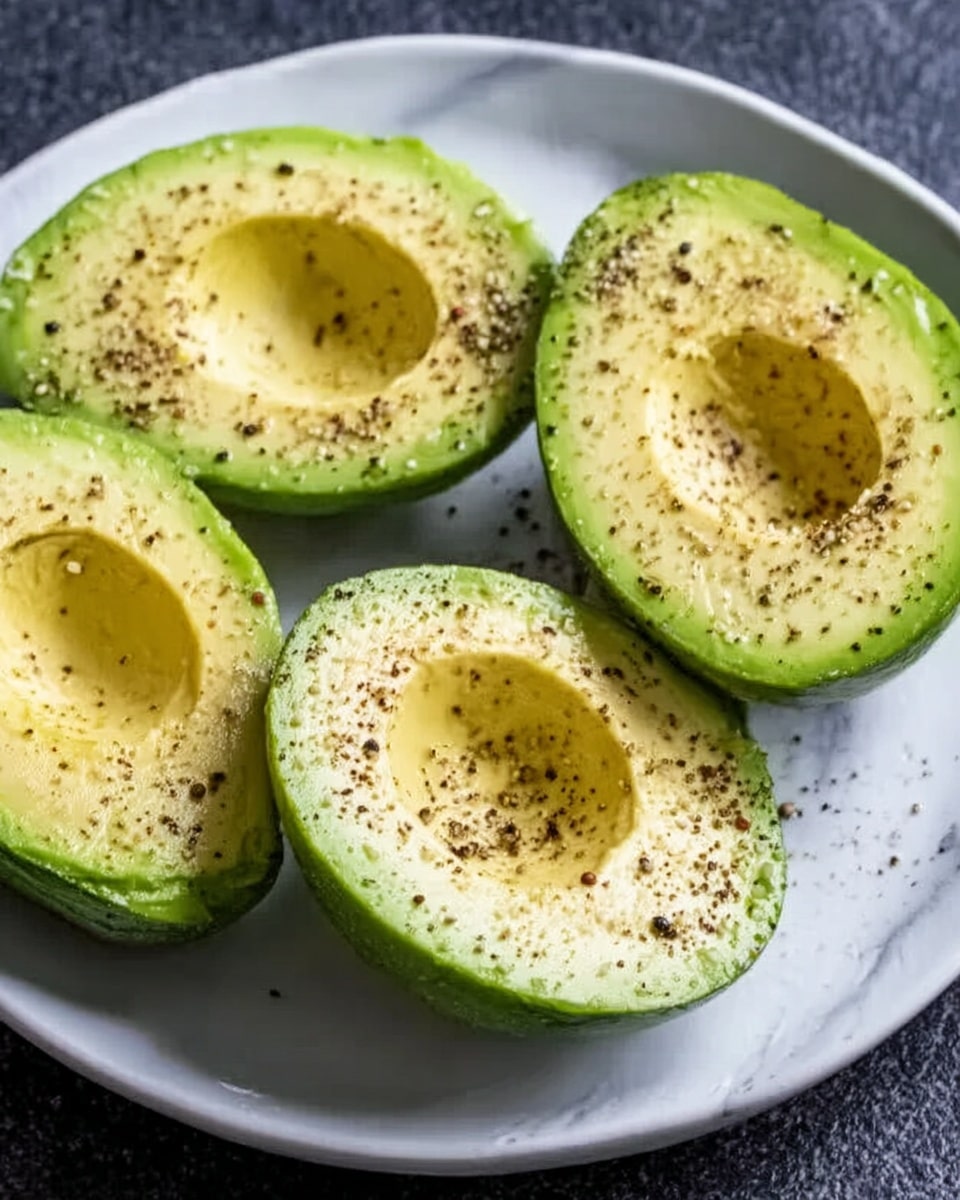 The image shows four avocado halves placed on a white plate with a smooth surface, all arranged closely together. Each avocado half displays a bright green outer skin and a pale yellow-green inside with the pit removed, leaving an empty round space at the center of each. The inside flesh is sprinkled evenly with black pepper, creating small dark specks on the avocado surfaces. The plate is set on a white marbled textured surface, and the overall lighting highlights the fresh, creamy texture of the avocados. Photo taken with an iphone --ar 4:5 --v 7