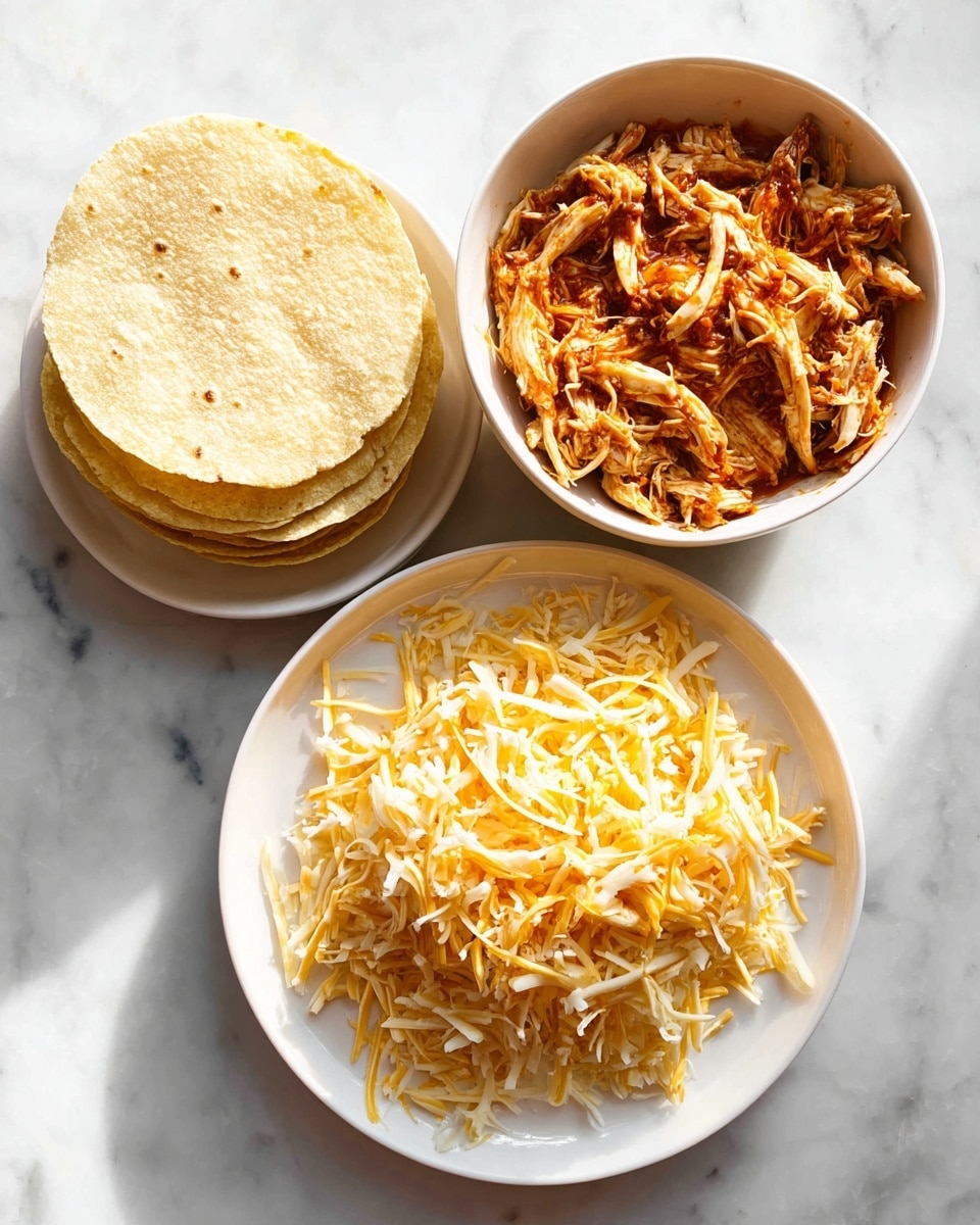 The image shows three separate white dishes arranged on a white marbled surface. The first dish is a stack of pale yellow corn tortillas with a slightly rough texture, placed on a shallow white plate to the left. The second dish is a white bowl filled with shredded chicken coated in a reddish-orange sauce, with visible strands and some glossy bits, positioned to the right. The third dish is a large white plate piled high with shredded yellow and white cheese, showing thin, uneven strips scattered loosely, located at the bottom left. The overall setup is neat with natural lighting highlighting the textures and colors of the food. photo taken with an iphone --ar 4:5 --v 7