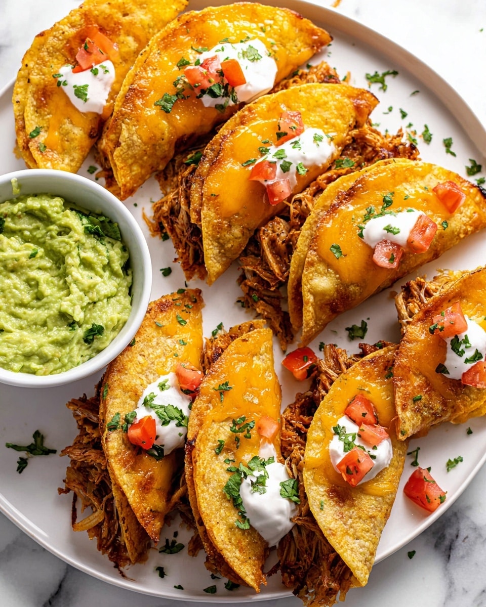 The image shows eight small tacos arranged on a white plate placed on a white marbled surface. Each taco has a golden-brown crispy tortilla folded in half, filled with melted orange cheese and cooked shredded meat that slightly spills out. A few of the tacos have a dollop of white sour cream topped with small diced red tomatoes and sprinkled with chopped green cilantro. On the left side of the plate, there is a small white bowl filled with smooth green guacamole garnished with chopped cilantro. Photo taken with an iphone --ar 4:5 --v 7