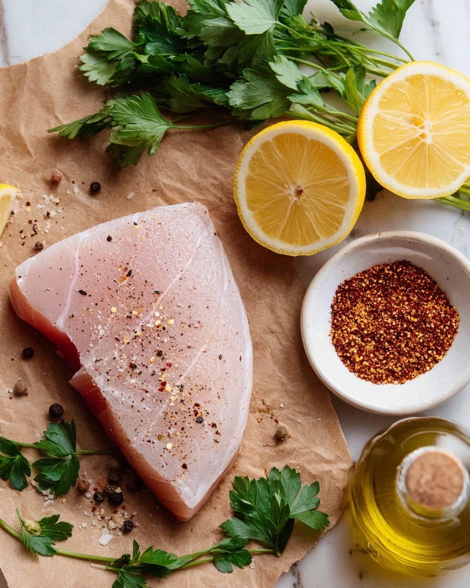 A raw fish steak with light pink and slightly translucent flesh is placed on brown paper, sprinkled with black pepper. To the right, there is a white small dish filled with finely ground red and brown spices. Above the fish are two lemon halves showing their juicy, pale yellow inside. Fresh green parsley leaves are scattered around the fish and lemons. At the bottom right corner, a glass bottle with golden yellow oil is partly visible. The background is a white marbled texture photo taken with an iphone --ar 4:5 --v 7
