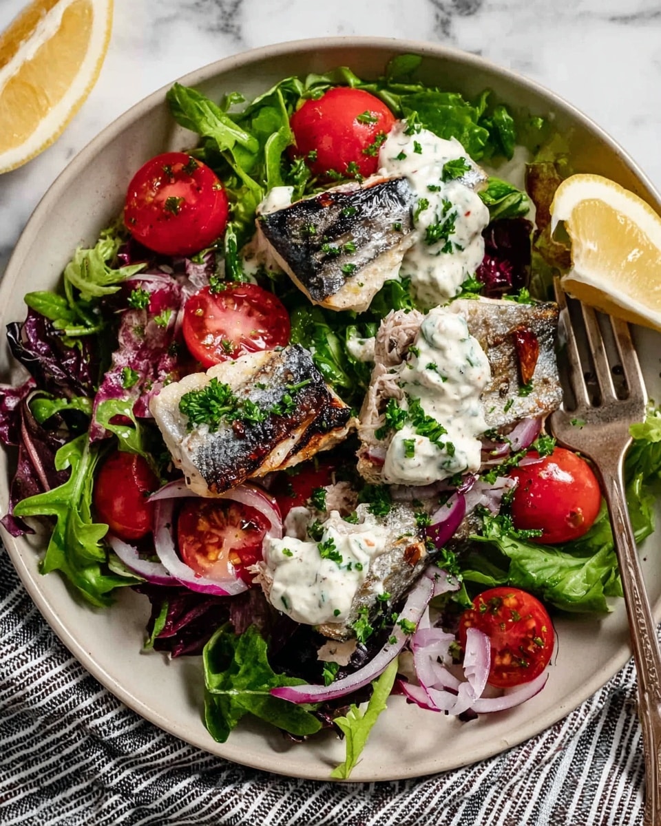 A white plate holds a colorful salad with three layers: the bottom layer is mixed green leaves with bright red cherry tomatoes sliced in half scattered throughout, along with thin rings of purple onion and small green herbs. On top of that are three pieces of silver-skinned fish with dark grill marks, sprinkled with chopped parsley. The top layer has dollops of creamy white sauce with green herb bits mixed in. A lemon wedge is placed on the side of the plate, and a fork holds a small piece of fish. The plate rests on a white marbled surface with a striped cloth nearby. Photo taken with an iphone --ar 4:5 --v 7