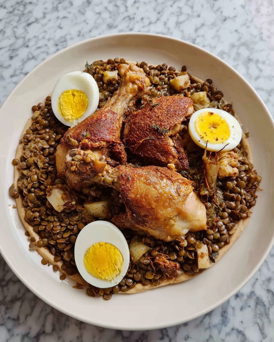 A white plate holds a layered dish starting with a base layer of uneven, soft flatbread in light beige tones with some browned spots. On top, there is a thick layer of cooked lentils, dark brown with some grainy texture. On the lentils, two large pieces of brown cooked chicken legs sit side by side, each piece showing a rich, seasoned surface with visible herbs. Near the chicken, a whole boiled egg cut in half reveals a bright yellow yolk and white edges, placed one half at the top and another half in the center of the plate. The background is a white marbled surface under the plate. photo taken with an iphone --ar 4:5 --v 7