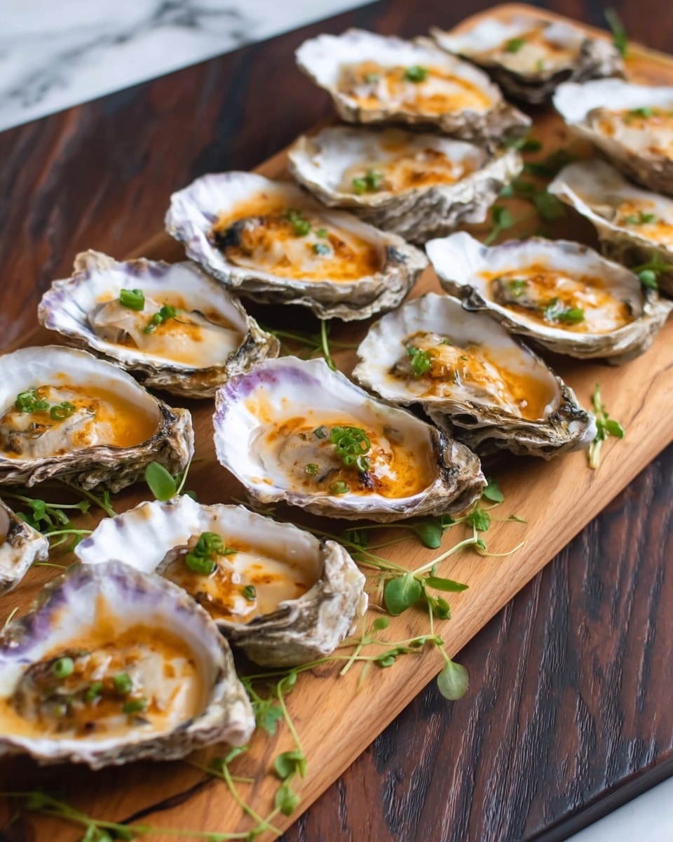 A wooden board holds about a dozen opened oysters in their shells, each oyster sitting in a creamy white shell with some shades of purple and brown on the edges. The oysters are topped with a light orange sauce that pools gently in the shell. Small green herb pieces are sprinkled on top of each oyster, adding contrast. Some fresh green herb sprigs are scattered around the board for decoration. The board is placed on a dark wooden table, and there is a white marbled texture in the background. Photo taken with an iphone --ar 4:5 --v 7