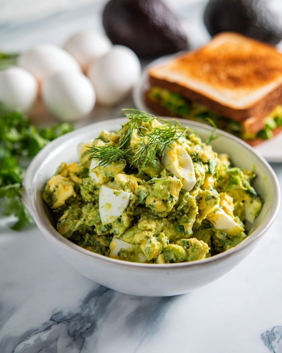 A white bowl is filled with a chunky green mixture that looks soft and mixed, with visible small pieces of white and light yellow chunks mixed in, likely egg. On top, there are some green leafy sprigs for garnish. The bowl is placed on a white marbled surface with a blurred background including white eggs, a dark avocado, and a toasted sandwich. photo taken with an iphone --ar 4:5 --v 7