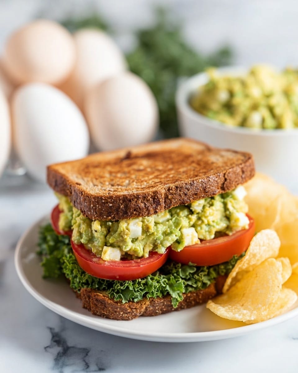 A sandwich on a white plate with three layers: the bottom layer is green lettuce, the middle layer is thick slices of red tomato, and the top layer is a chunky green avocado mixture with small white pieces. The sandwich is closed with two pieces of golden brown toasted bread showing a crunchy texture. Next to the sandwich, there are light yellow potato chips. In the background, a white bowl filled with the chunky green avocado mixture and a bunch of white eggs are slightly out of focus. The surface is a white marbled texture. photo taken with an iphone --ar 4:5 --v 7