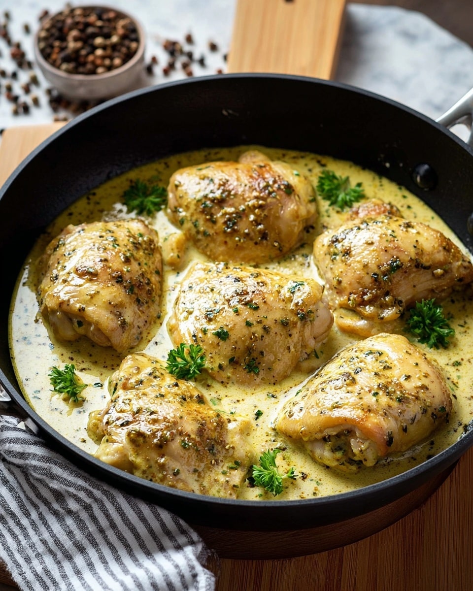 In a black frying pan, there are six pieces of cooked chicken thighs sitting in a thick, creamy yellow sauce with herbs sprinkled on top. The chicken pieces are arranged in a circle, with some small green parsley leaves placed between them for garnish. The surface under the pan is a wooden cutting board, and the background shows blurred brown peppercorns on a white marbled texture. A striped cloth is draped near the bottom of the pan. Photo taken with an iphone --ar 4:5 --v 7
