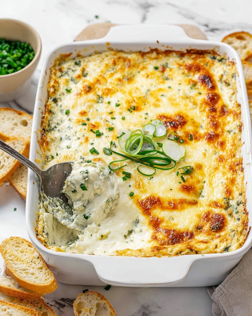 A white square baking dish holds a creamy baked dip with a golden brown, bubbly melted cheese top layer. The dip underneath appears thick and white with green herb specks, visible where a large metal spoon has scooped out a portion from the top left corner. The dish is garnished with chopped green chives and thin slices of green onion in the center. The baking dish sits on a white marbled surface, next to sliced pieces of crusty, light brown bread and a beige bowl filled with more chopped green chives. Photo taken with an iphone --ar 4:5 --v 7
