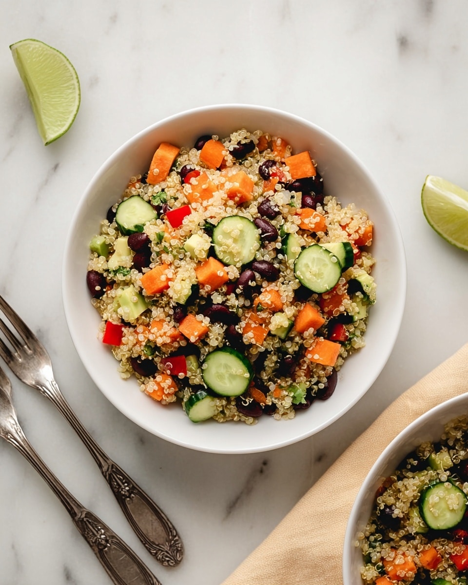 A white bowl holds a colorful quinoa salad with three main layers visible: the bottom layer is pale, small quinoa grains; mixed on top are bright orange carrot cubes, dark black beans, round slices of green cucumber with a lighter center, and small pieces of red bell pepper. The salad looks fresh and finely chopped, sitting on a white marbled surface with two silver forks to the left and a lime wedge to the right. Part of another white bowl with the same salad is seen from the top right corner, and a beige cloth is partly visible at the bottom right. Photo taken with an iphone --ar 4:5 --v 7