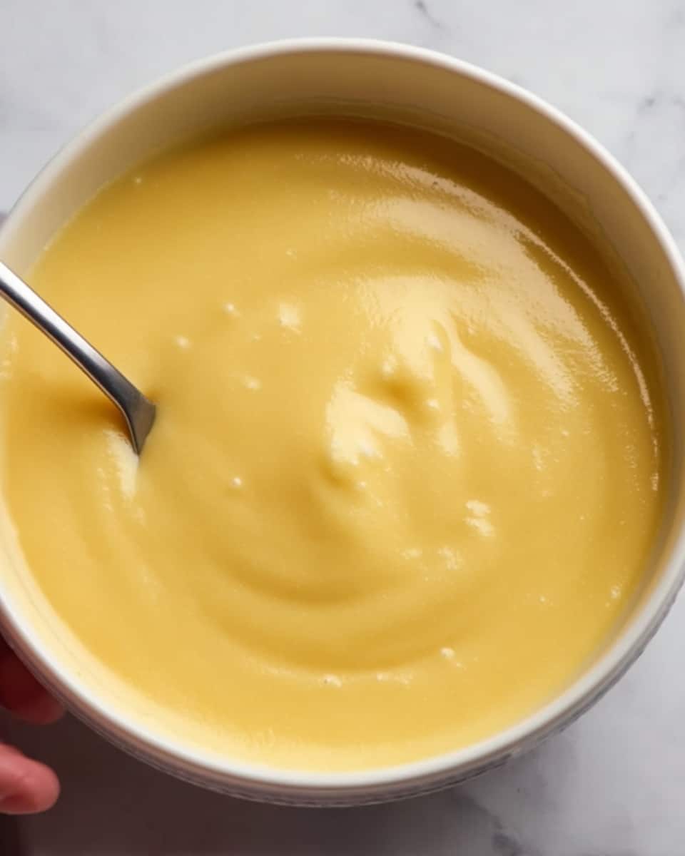 This image shows a close-up view of a creamy yellow sauce inside a white bowl. The sauce is smooth with a few small lumps and shiny spots reflecting light. The white bowl is sitting on a white marbled surface, and a woman's hand holds a small spoon dipping into the sauce from the bottom left corner. The sauce fills most of the bowl and looks thick but soft. photo taken with an iphone --ar 4:5 --v 7