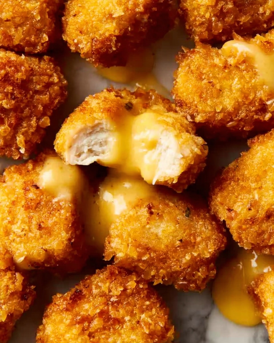 The image shows several pieces of golden crispy fried chicken with a crunchy texture. One piece is broken open, revealing tender, white meat inside. The chicken pieces are generously covered in a shiny, bright yellow sauce that looks smooth and slightly thick. The dish is placed on a white marbled surface, emphasizing the warm colors of the food. photo taken with an iphone --ar 4:5 --v 7