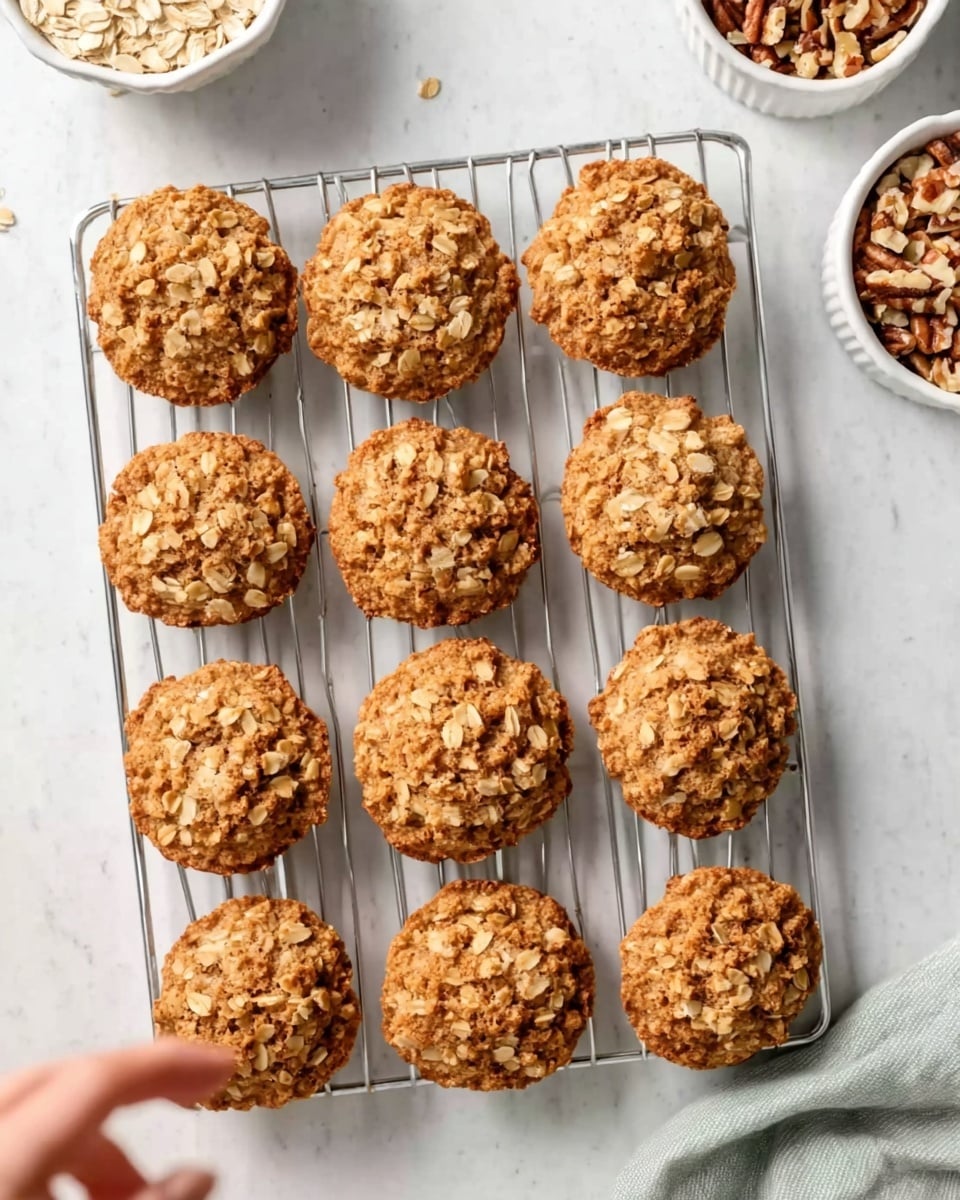 The image shows a white cooling rack on a white marbled surface holding 12 oatmeal cookies arranged in a loose grid. Each cookie is round with a rough, chunky texture from the oats and has a golden-brown color with some darker spots. One cookie in the center is tilted to show its thickness and inside layers, revealing a dense but crumbly texture. A white bowl with more oats is partially visible at the top left, and a white bowl with nuts is seen at the top right of the frame. A woman's hand is reaching from the bottom left corner, touching the cooling rack. photo taken with an iphone --ar 4:5 --v 7