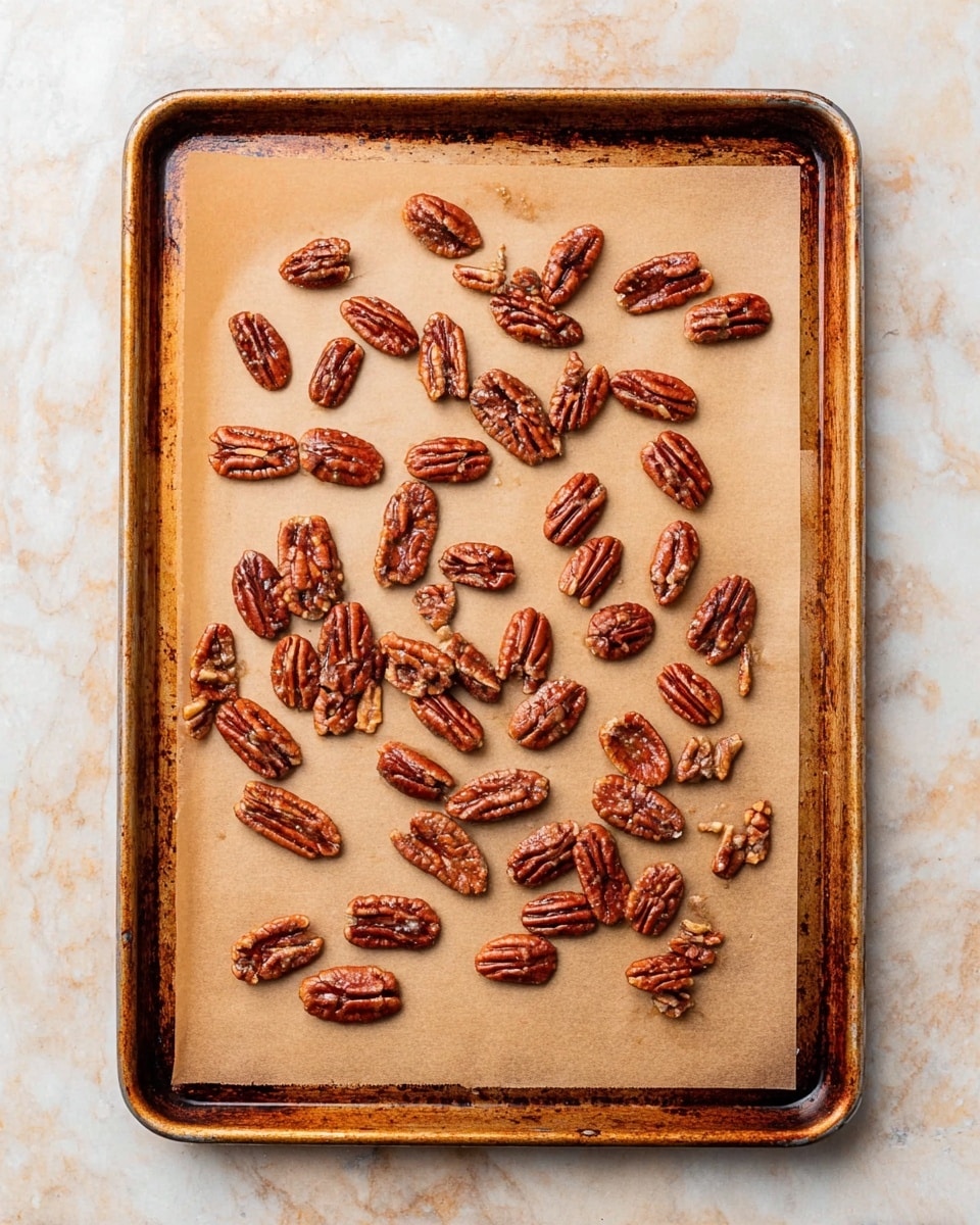 The image shows a worn, rectangular baking tray with a brownish, rusty look, lined with a single sheet of light brown parchment paper. On the paper, there are scattered pecan halves spread unevenly across the tray. The pecans have a rich reddish-brown color with some shiny spots indicating a light coating, and their texture appears slightly ridged and glossy. The background visible around the tray is a white marbled surface. photo taken with an iphone --ar 4:5 --v 7