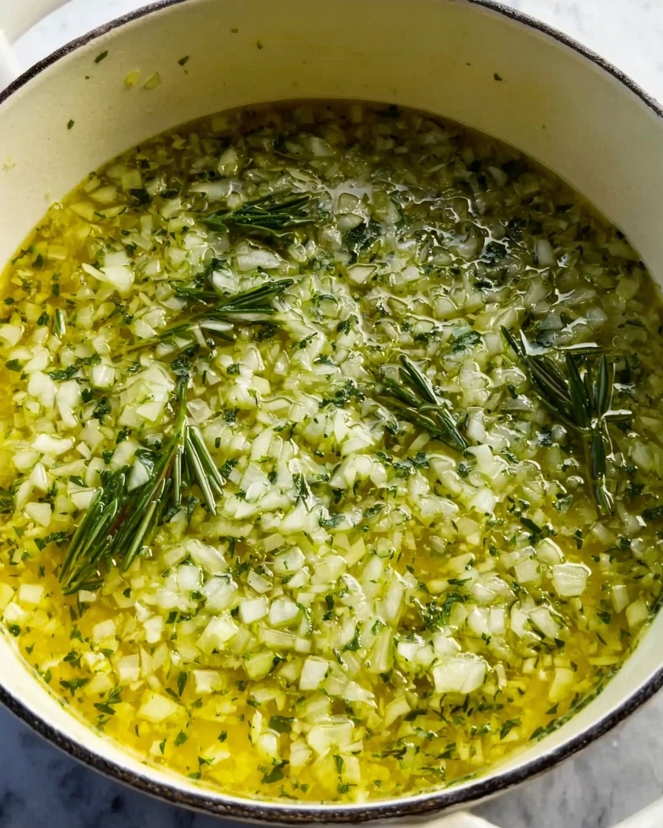 The image shows a close-up of a white pot filled with a mixture of finely chopped onions and fresh green herbs floating in yellow olive oil, creating a textured and colorful surface. The onions are diced into small, even pieces and spread throughout the entire liquid, while the herbs are scattered evenly with some larger green sprigs visible on top. The pot rests on a white marbled surface, and the overall look is fresh, vibrant, and slightly oily with a mix of green and white colors. photo taken with an iphone --ar 4:5 --v 7