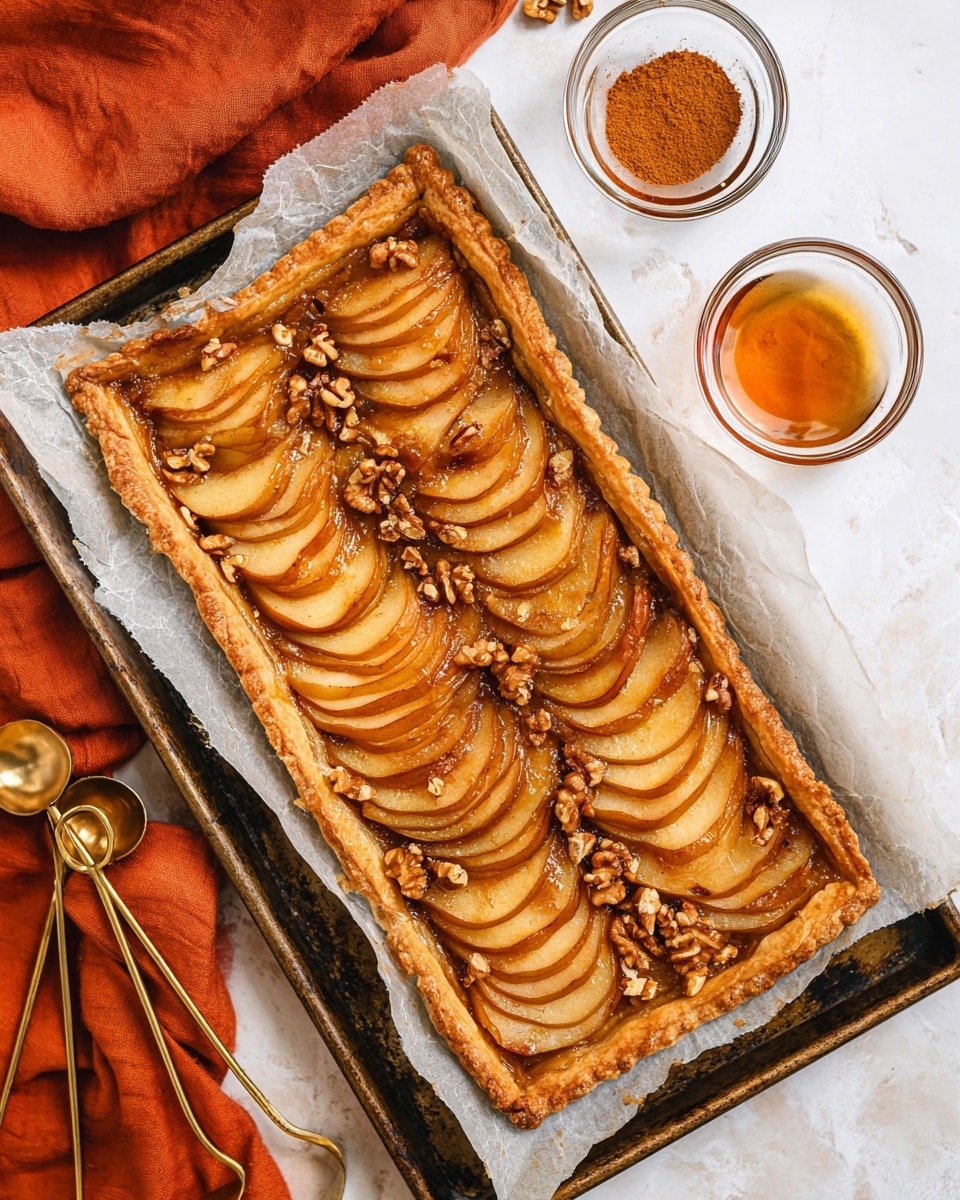A rectangular tart with a golden brown, flaky crust edges a layer of caramelized, glossy pear slices arranged in overlapping rows across the tart, topped with scattered walnut pieces that add a rough texture contrast. The tart sits on crumpled white parchment paper placed on a dark, slightly worn metal baking tray. Nearby, two small clear glass bowls hold a cinnamon spice mix with warm reddish-brown color and a bright amber liquid. The background is a white marbled surface and an orange cloth with brass measuring spoons rests on the lower left corner. photo taken with an iphone --ar 4:5 --v 7