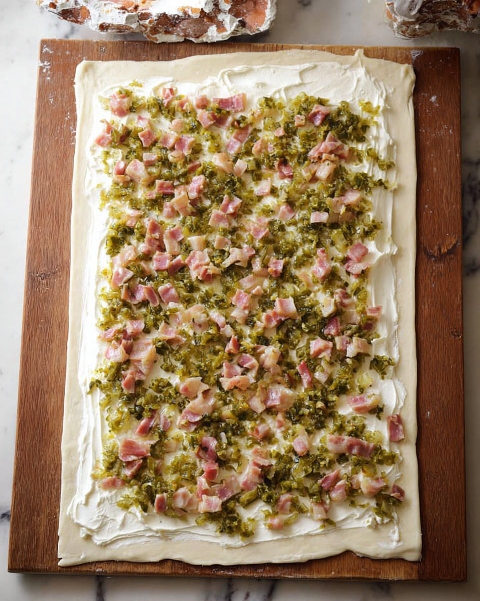 A rectangular sheet of thin, pale dough is spread on a wooden surface with cream cheese or a similar white spread covering the entire bottom layer. On the top half of the dough, there is a green layer made of finely chopped pickles scattered unevenly, with small pieces of pink bacon spread loosely over the green pickle layer. The edges of the dough are plain and visible around the layers. The background surface is made of white marble with some rustic cutting board nearby, and there are no hands or utensils visible in the image. Photo taken with an iphone --ar 4:5 --v 7
