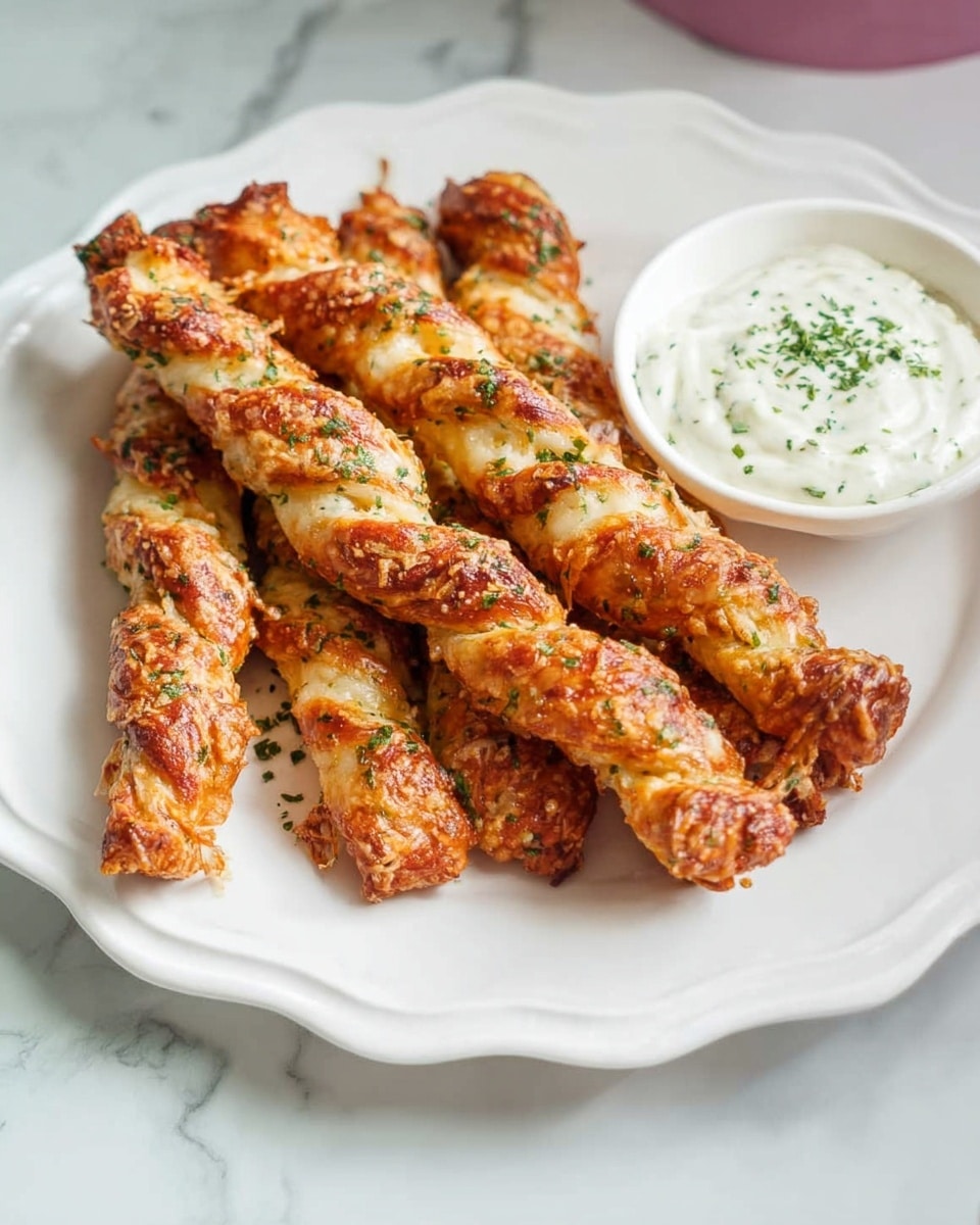 A plate with several golden-brown twisted breadsticks topped with melted cheese and green herbs arranged in a pile on a white plate with scalloped edges, alongside a small white bowl filled with creamy white dipping sauce placed at the front of the plate, all set on a white marbled surface with a soft light highlighting the crispy textures and warm colors of the breadsticks photo taken with an iphone --ar 4:5 --v 7