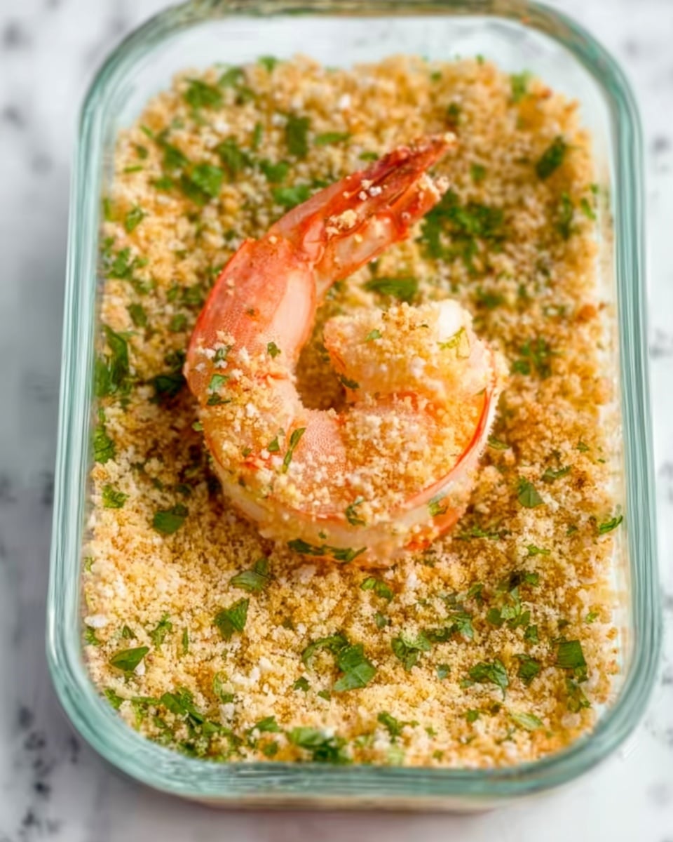 A clear glass dish holds a single shrimp on top of a layer of golden breadcrumbs mixed with green herb pieces scattered evenly across the surface. The shrimp is partially peeled, showing a light cream color on the body with a bright orange tail curling slightly inward. The background is a white marbled texture. photo taken with an iphone --ar 4:5 --v 7