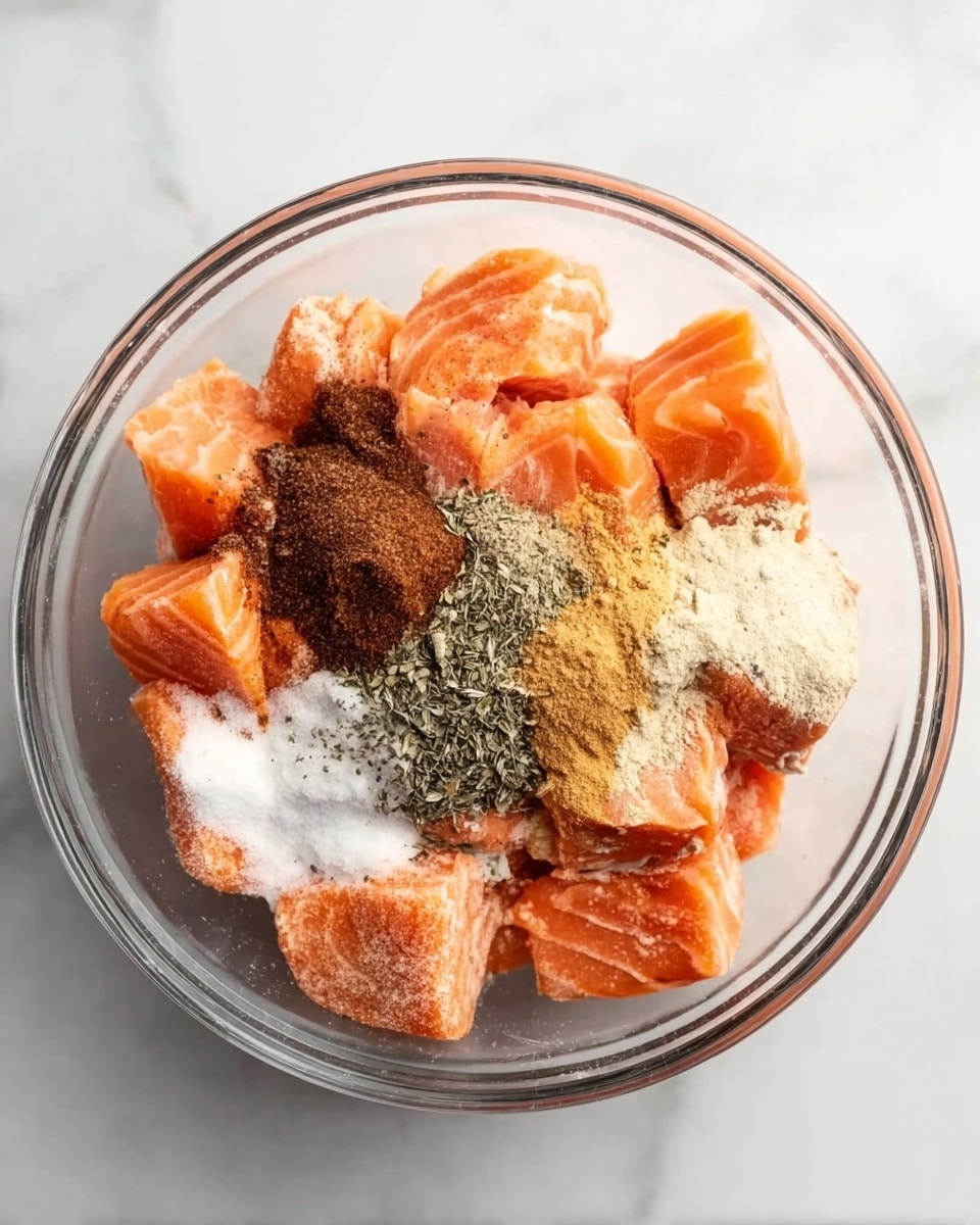 A clear glass bowl filled with chunky pieces of orange salmon arranged in a circle, topped with several piles of different spices including a dark brown powder, a white powder, a beige powder, and some green herbs scattered on top. The bowl is placed on a white marbled surface. photo taken with an iphone --ar 4:5 --v 7