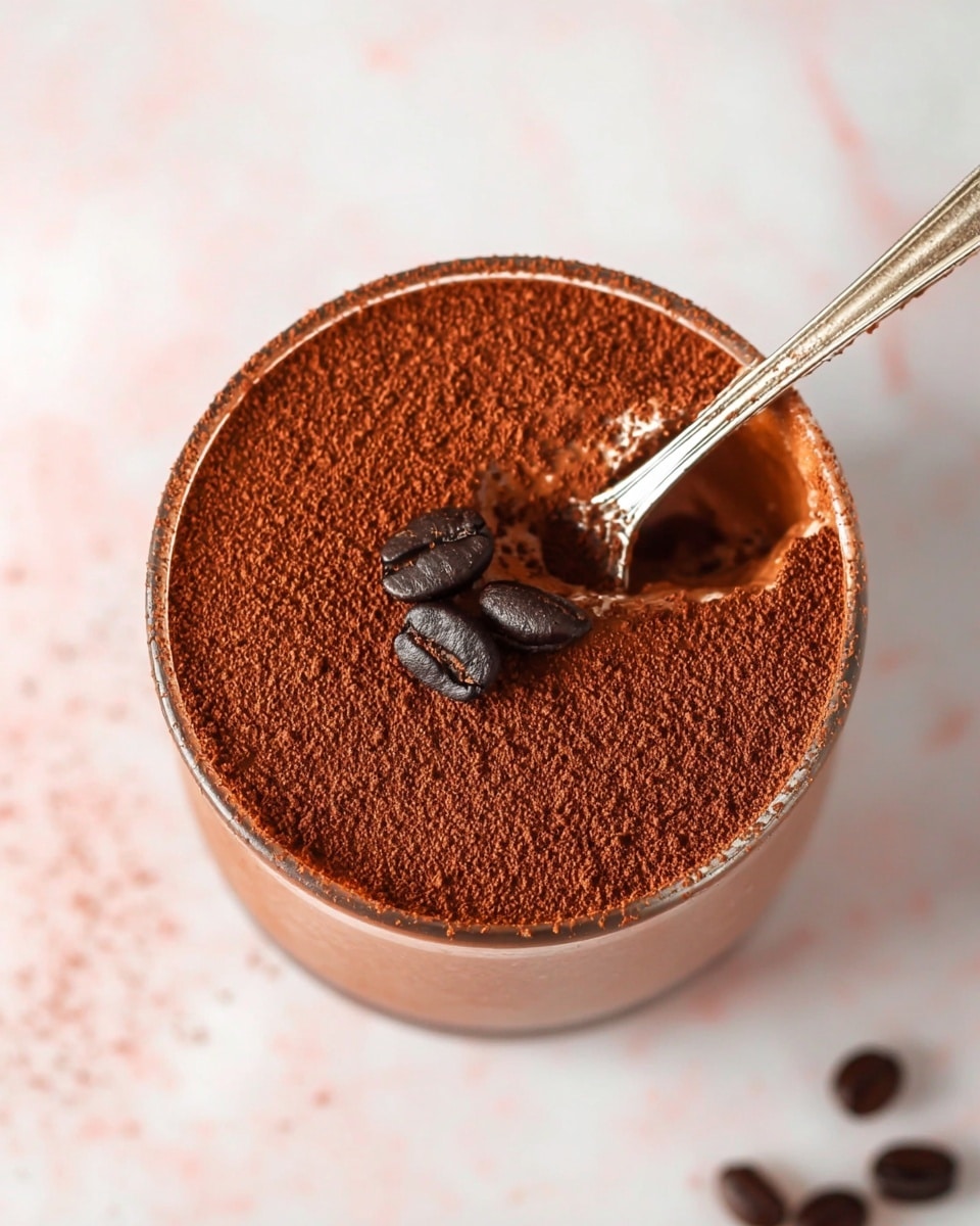 A small round glass holds a rich dark brown chocolate mousse topped with a fine layer of cocoa powder, giving the surface a slightly rough texture. Three shiny dark coffee beans rest near the center on top of the cocoa powder, adding depth to the brown tones. A silver spoon is scooping into the mousse from the left side, revealing the smooth, creamy texture beneath the cocoa layer. The glass is placed on a clean white marbled surface with a few scattered dark brown coffee beans blurred in the background, giving a simple yet elegant look. photo taken with an iphone --ar 4:5 --v 7