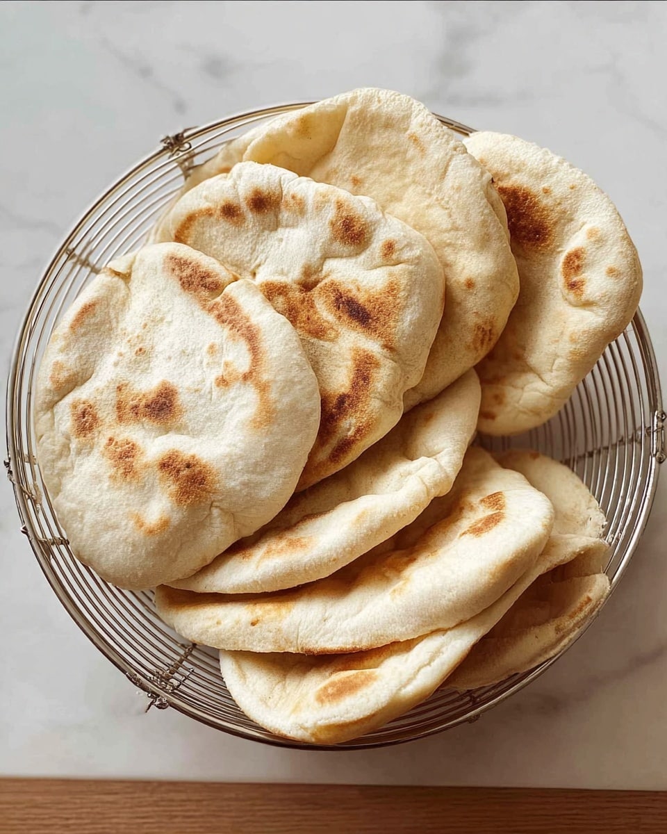 A wire basket holds a stack of six round, puffy pita breads with lightly browned spots and soft textures. The pita breads are light beige with some golden toasted areas, arranged leaning against each other in a curved line. The basket sits on a white marbled surface that adds subtle pattern and contrast to the warm tones of the bread. photo taken with an iphone --ar 4:5 --v 7