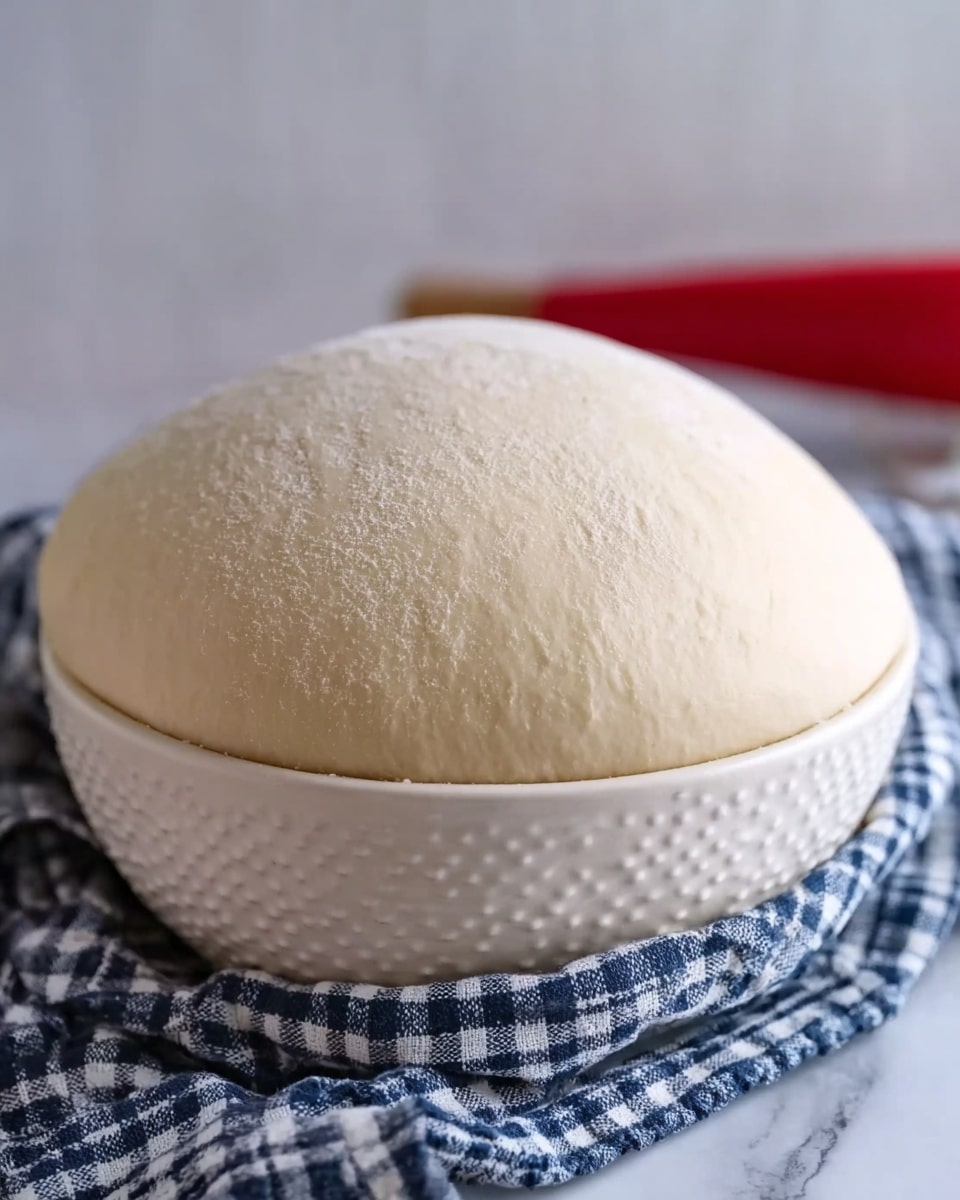 A large, smooth, and rounded dough ball fills a white textured bowl, rising high above the rim with a soft, pale cream color and faint flour dusting on top. The bowl sits on a blue and white checkered cloth placed on a white marbled surface. In the blurred background, a red kitchen tool rests out of focus. Photo taken with an iphone --ar 4:5 --v 7