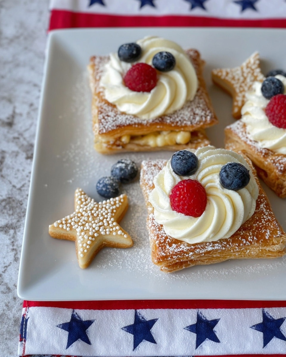 The image shows a white square plate holding two square pastries and two small star-shaped cookies. Each square pastry has one layer of golden, flaky crust dusted with powdered sugar and topped with a swirl of white cream, on which three fresh berries sit: two round blueberries and one red raspberry. The star-shaped cookies are pale golden with a rough texture and sprinkled with small white sugar balls. The plate rests on a white marbled surface with a red, white, and blue cloth featuring white stars visible underneath. photo taken with an iphone --ar 4:5 --v 7