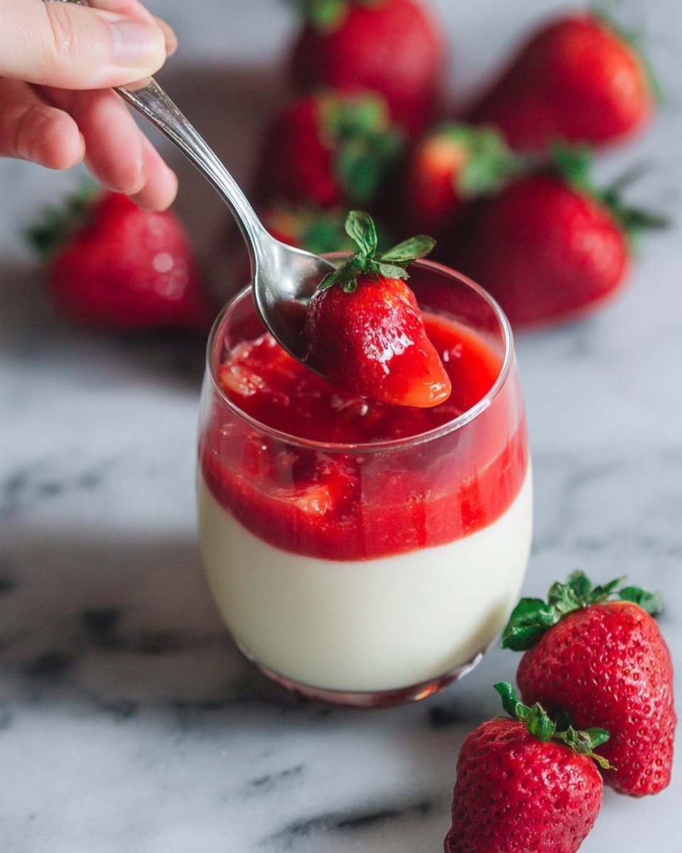 The image shows a clear glass containing a two-layer dessert. The bottom layer is creamy white with a smooth texture, while the top layer is bright red strawberry sauce with visible small strawberry pieces. A whole strawberry with a green leaf is placed on top of the red layer, slightly embedded in it. A woman's hand holds a silver spoon dipped into the glass, scooping some of the strawberry layer. Around the glass, there are several fresh, whole strawberries with green leaves on a white marbled surface. Photo taken with an iphone --ar 4:5 --v 7