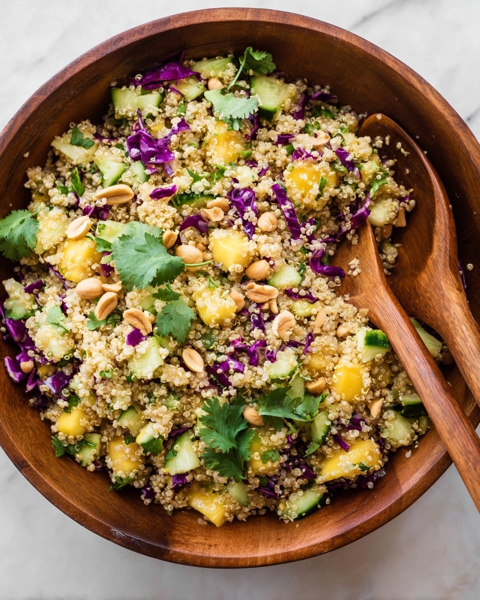A wooden bowl filled with a quinoa salad showing three main layers of colors and textures. The largest layer is small, light tan cooked quinoa seeds lightly scattered throughout. Mixed in are medium-sized pale yellow mango cubes and medium green cucumber pieces, giving a fresh look. There are thin slices of bright purple cabbage spread all over, adding fine, thin contrasts. Scattered roasted golden peanuts and fresh green cilantro leaves float on top. Two wooden spoons rest inside the bowl, partially covered with the salad, placed at an angle. The bowl sits on a white marbled surface. photo taken with an iphone --ar 4:5 --v 7