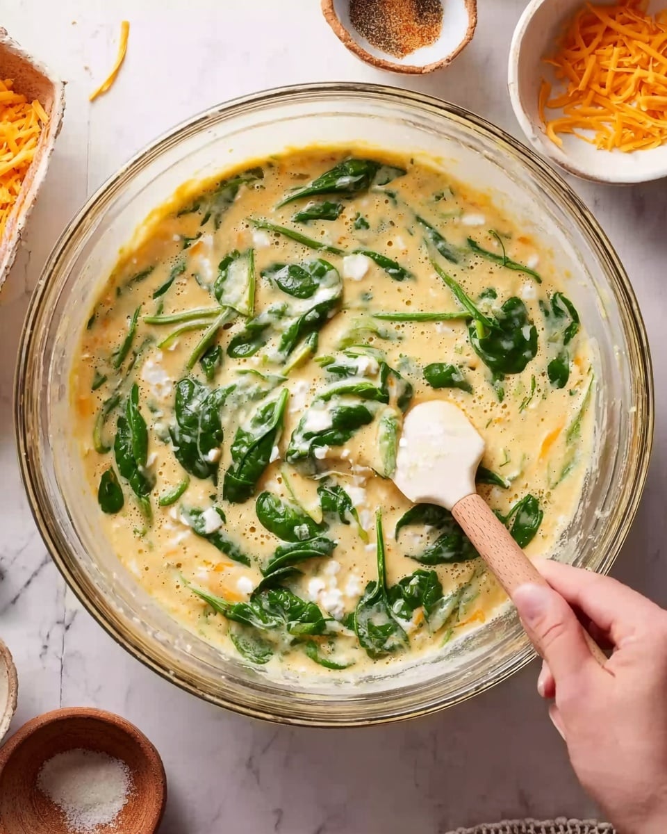 A clear glass bowl filled with a mixture of creamy light yellow egg batter, bright green fresh spinach leaves scattered throughout, and small white chunks likely cheese or another ingredient, being stirred by a woman's hand holding a spatula with a brown handle and a light beige flat head. Around the bowl, there are small white bowls with seasoning and shredded orange cheese on a white marbled surface. The image is bright with soft natural light, focusing on the mixing process. photo taken with an iphone --ar 4:5 --v 7