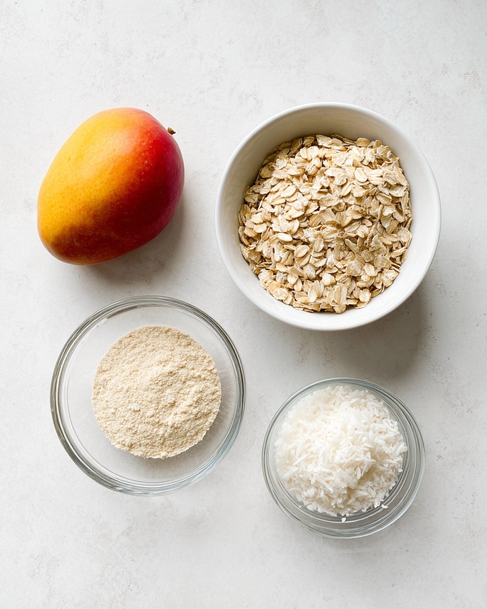 The image shows four ingredients laid out on a white marbled surface. In the top left corner, there is a whole mango with red, yellow, and orange smooth skin. To the right of the mango, there is a white bowl filled with flat, light brown rolled oats. Below the mango, there is a small clear glass bowl containing a beige powder, likely almond flour. Finally, at the bottom right corner is another small clear glass bowl filled with shredded white coconut flakes. The ingredients are spaced apart and captured in soft natural light. Photo taken with an iphone --ar 4:5 --v 7
