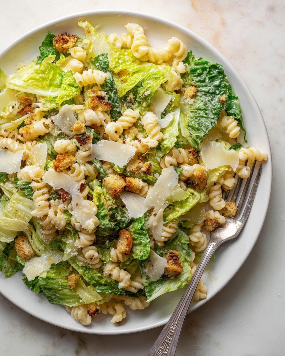The dish shows three main layers on a white plate set on a white marbled surface. The bottom layer consists of small, pale yellow curly pasta with a slightly soft texture, spread evenly across the plate. Above the pasta are bright green and light yellow romaine lettuce leaves, fresh and crisp, mixed well with the pasta. The top layer has scattered small, golden-brown crunchy bread pieces and thin, pale cream-colored shavings of cheese spread throughout, adding texture and contrast. A silver fork rests on the right side of the plate, partially tucked under the food. photo taken with an iphone --ar 4:5 --v 7