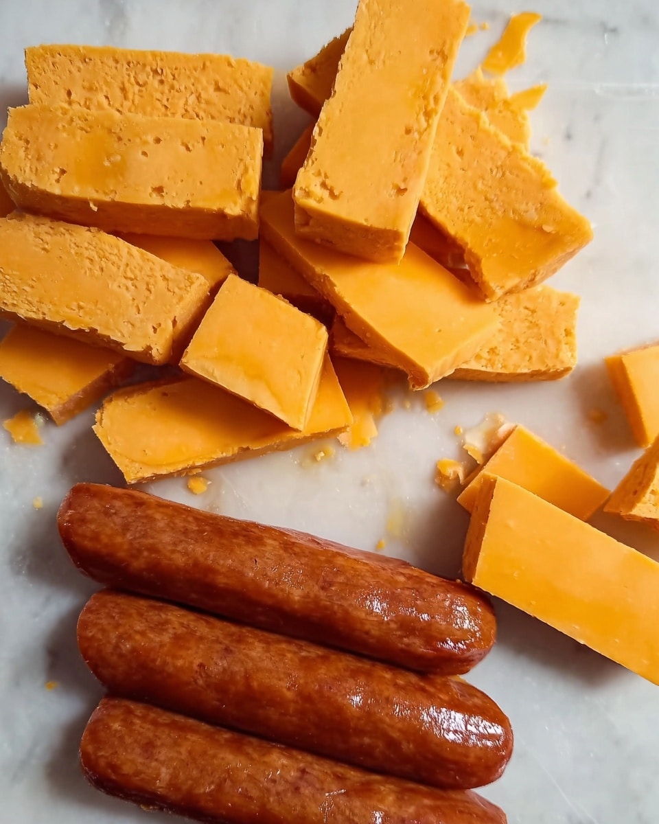 The image shows several pieces of sliced sausage and rectangular slices of orange cheese on a white marbled surface. There are three thick sausage pieces, each with a shiny, brownish outer skin and a smooth texture, arranged horizontally in the lower part of the image. Above the sausage, there are multiple rectangular slices of cheese stacked in an uneven pile, with a firm and slightly crumbly texture. The overall color palette is warm with the brown sausages and vibrant orange cheese against the light white marbled background. photo taken with an iphone --ar 4:5 --v 7