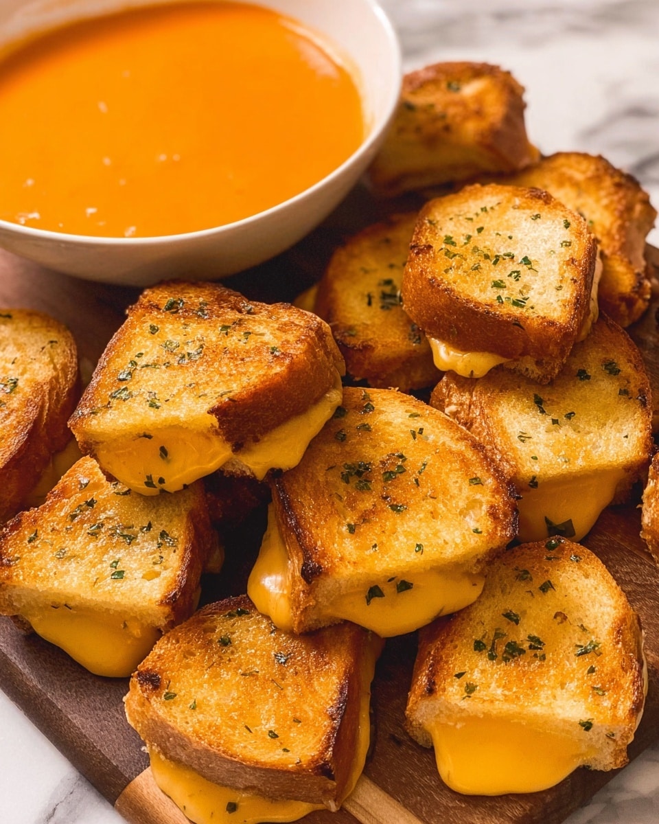 A woman's hand with light pink painted nails and rings holds a square piece of golden toasted bread sprinkled with green herbs. The bread piece has a rough texture with some air holes and a crispy edge. In the background, there is a white bowl filled with smooth, creamy orange soup, placed on a white marbled surface. Around the bowl, multiple similar toasted bread pieces lay scattered on a wooden board, all golden-brown with green herbs. A striped cloth and a gold spoon are partially visible in the background. Photo taken with an iphone --ar 4:5 --v 7