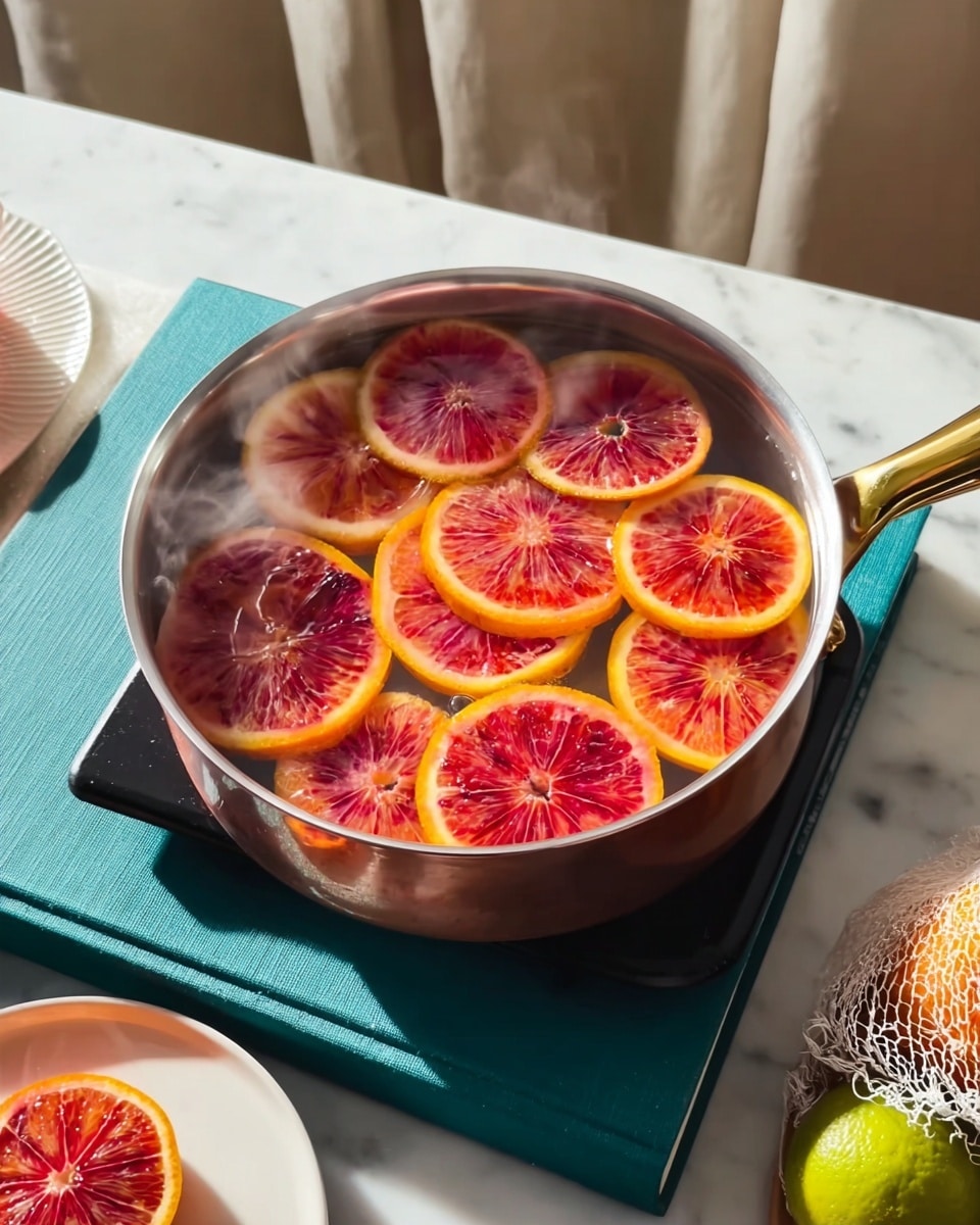 A silver pot with copper handles is filled with clear water and many slices of blood orange floating on top, showing bright red and orange patterns with yellow edges, arranged in one visible layer that covers the water surface. The pot sits on a black electric burner on a teal textured book, all placed on a white marbled surface. Nearby is a white plate with a single blood orange slice on it, and a mesh bag with a few oranges and limes is partially visible to the side. Soft natural light highlights the vibrant colors and smooth textures of the fruit, with tiny steam wisps rising from the water photo taken with an iphone --ar 4:5 --v 7