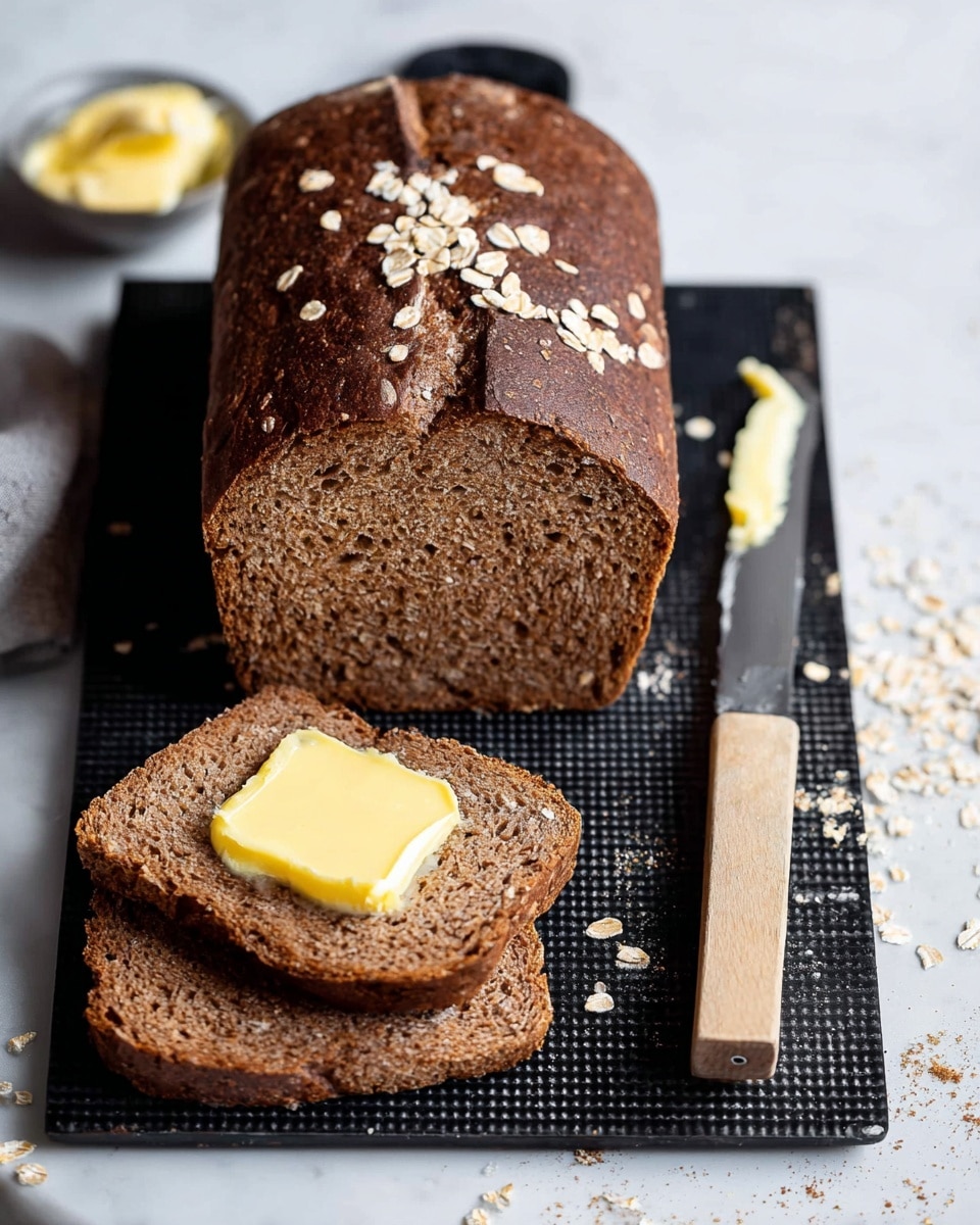 The image shows two slices of dark brown bread placed on a black textured surface on top of a white marbled texture. The top slice has a layer of pale yellow butter spread unevenly in the middle. To the right edge, a silver knife with a light yellow handle rests on the surface. The bread has a soft and porous texture with visible small holes and crumb details. Photo taken with an iphone --ar 4:5 --v 7