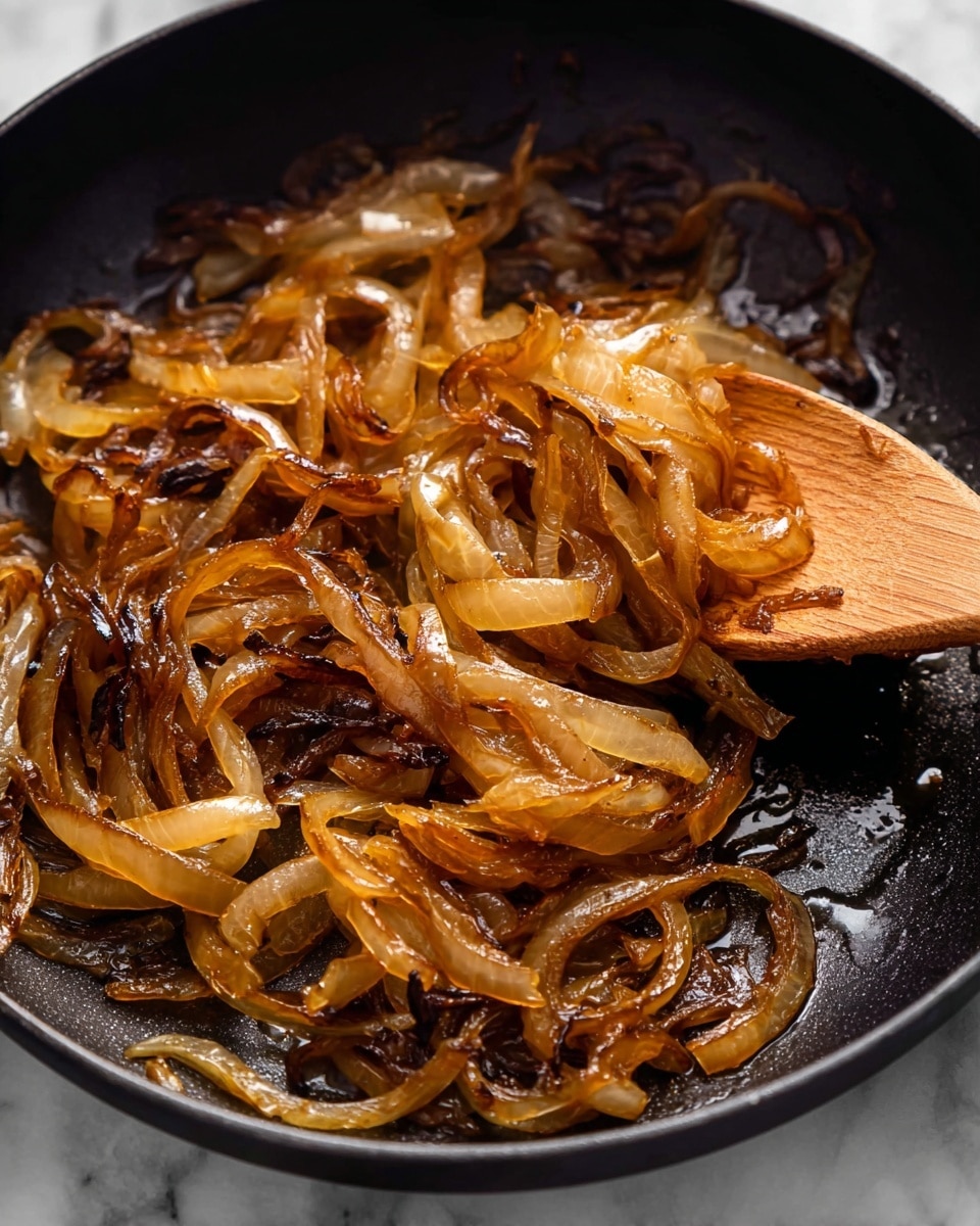 The image shows thinly sliced caramelized onions cooked to a rich golden brown color with some darker edges, creating a soft, glossy, slightly sticky texture. The onions are piled in a black skillet, with a wooden spoon partially stirring them on the right side. The skillet's surface is shiny due to the oil and cooking juices, and the background has a white marbled texture. Photo taken with an iphone --ar 4:5 --v 7