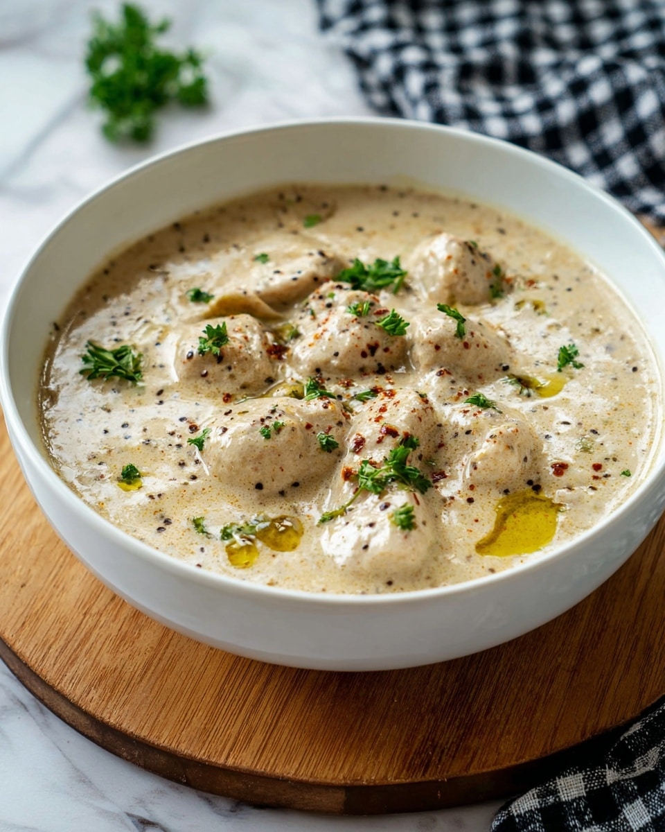 A white bowl filled with a creamy light beige sauce with soft, chunky pieces of meat or tofu evenly spread inside. The sauce has a smooth, slightly grainy texture with small black and brown spice specks throughout. Bright green parsley leaves are scattered on top, along with a few small drops of golden oil and a dusting of reddish-brown seasoning. The bowl sits on a wooden board placed over a white marbled textured surface with a black and white checked cloth partially visible underneath. photo taken with an iphone --ar 4:5 --v 7