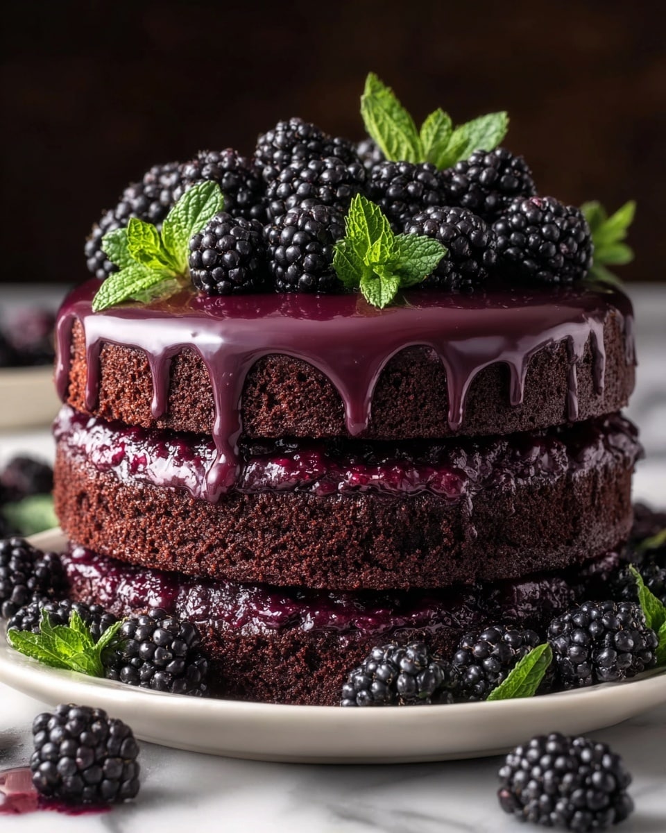 A three-layer dark chocolate cake is covered with a deep purple glossy berry glaze that drips slightly down the sides. Between each thick cake layer is a rich berry filling that matches the glaze color. The cake sits on a white plate, with fresh blackberries placed around the base and piled on top. Bright green mint leaves add a fresh color contrast on top of the blackberries. The scene is set on a white marbled surface with a slightly dark blurred background. Photo taken with an iphone --ar 4:5 --v 7