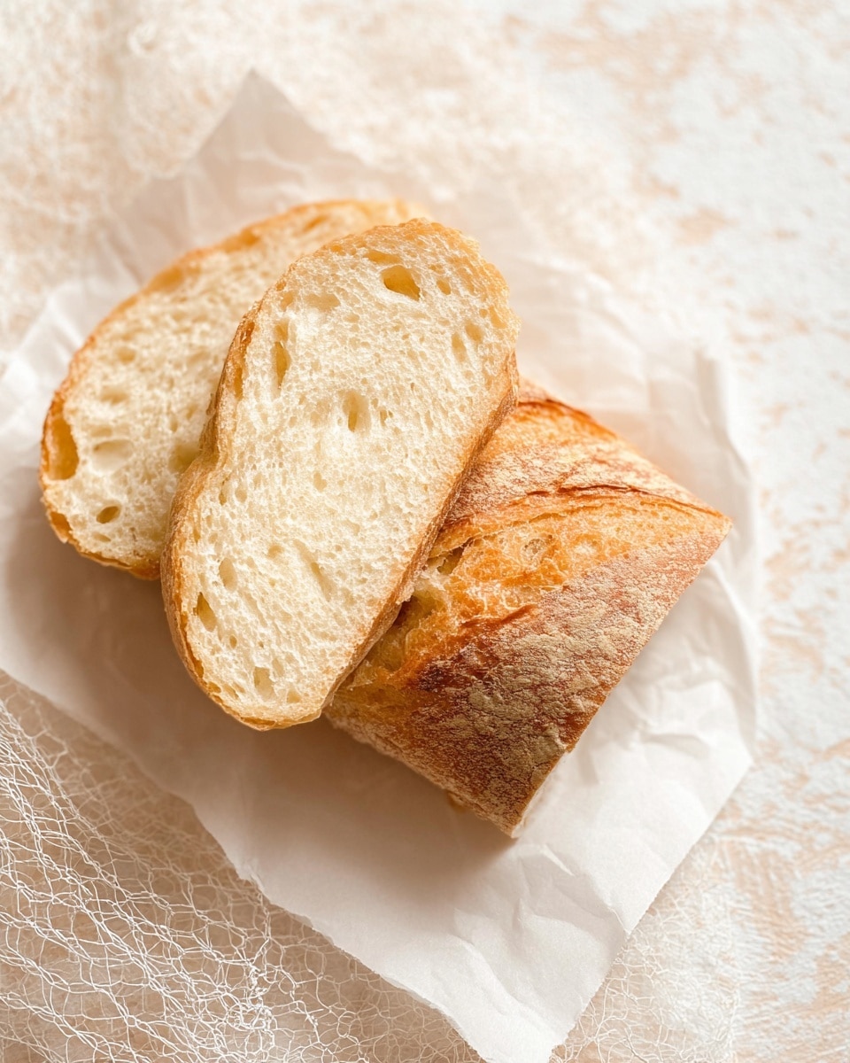 This image shows a piece of rustic bread lying on a white piece of paper, which is placed over a white marbled surface. There are two layers of the bread: the bottom layer is soft inside, pale cream with small holes, while the top layer is the golden brown crust, rough and slightly shiny, lying sideways partially covering the slice beneath it. The background includes a textured white netting under the paper, adding detail to the scene. Photo taken with an iphone --ar 4:5 --v 7