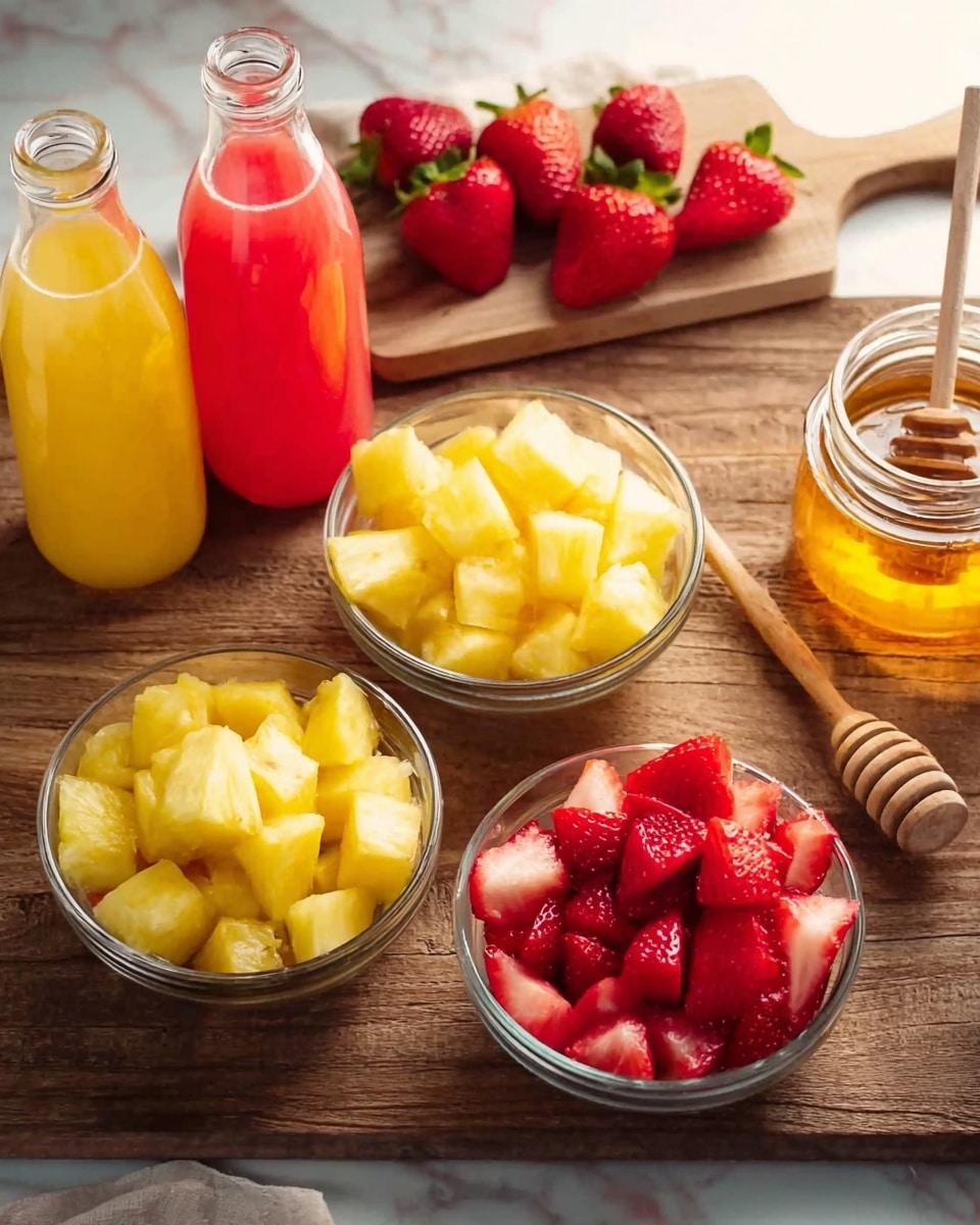 The image shows three small clear glass bowls sitting on a wooden surface, each bowl filled with fruit chunks. The left and right bowls contain bright yellow pineapple pieces, while the middle bowl holds red strawberry chunks. Behind the bowls, from left to right, there are three bottles of juice with colors in red, bright yellow, and pinkish red. To the right of the bowls, there is a small glass jar filled with honey and a wooden honey dipper inside it. A wooden cutting board near the honey jar holds whole and sliced strawberries. The surface under everything is white marble. Photo taken with an iphone --ar 4:5 --v 7