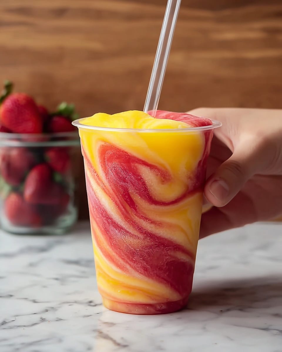 A clear plastic cup filled with a swirled frozen drink that has three main layers mixing together: bright yellow, deep red, and light orange. The yellow and red layers twist into each other inside the cup, creating a smooth, swirling pattern with a soft icy texture. A woman's hand is holding a clear straw, just above the drink. In the background, there is a glass jar of red strawberries and a white marbled surface below the cup. Photo taken with an iphone --ar 4:5 --v 7